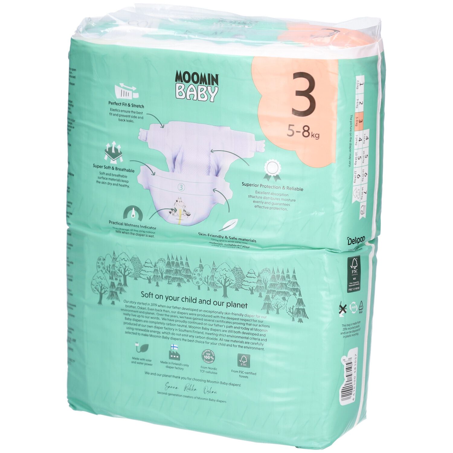 Rückseite der Moomin Baby Windelpackung, Größe 3, 5-8 kg. Zeigt Windel-Illustrationen und Produktmerkmale. Grün-weißes Design.