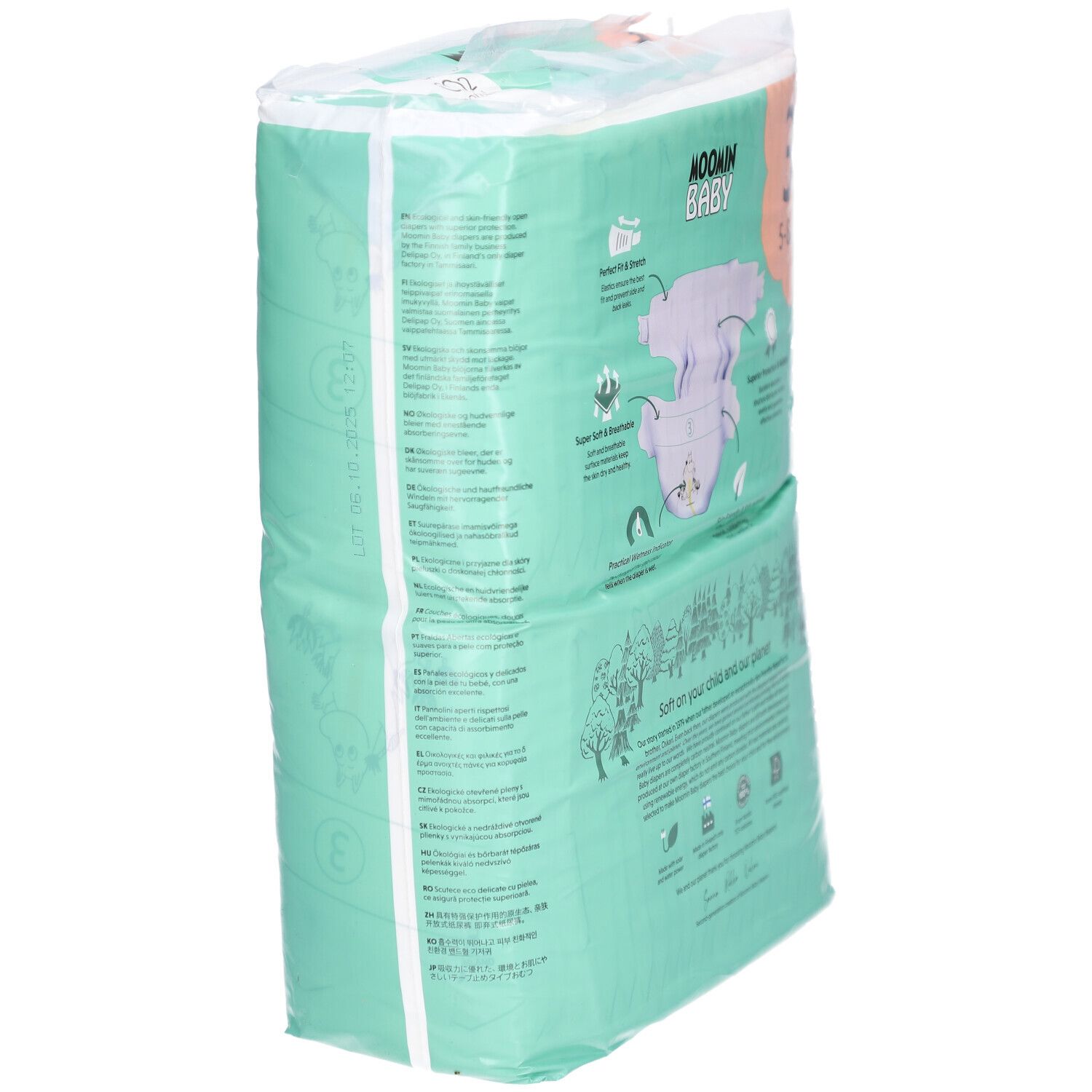 Seitenansicht der Moomin Baby Windelpackung, Größe 3, 5-8 kg. Zeigt Produktinformationen und Logo. Grün-weißes Design.