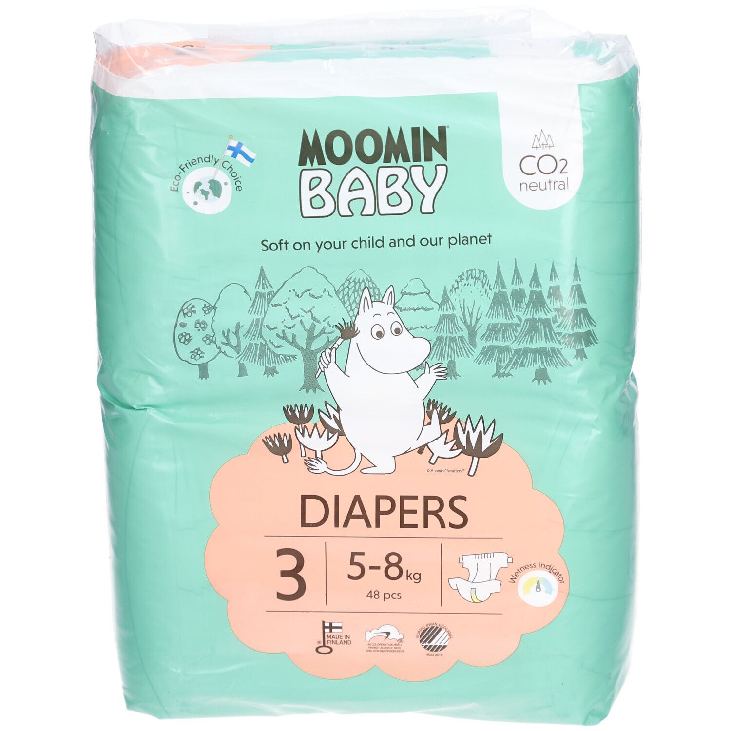 Moomin Baby Windelpackung, Größe 3, 5-8 kg. Grün-weißes Design mit Mumin-Illustrationen. Enthält 48 Stück. CO2-neutral.