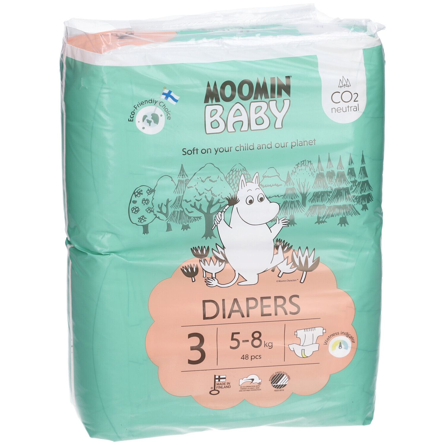 Moomin Baby Windelpackung, Größe 3, 5-8 kg. Grün-weißes Design mit Mumin-Illustrationen. Enthält 48 Stück. CO2-neutral.