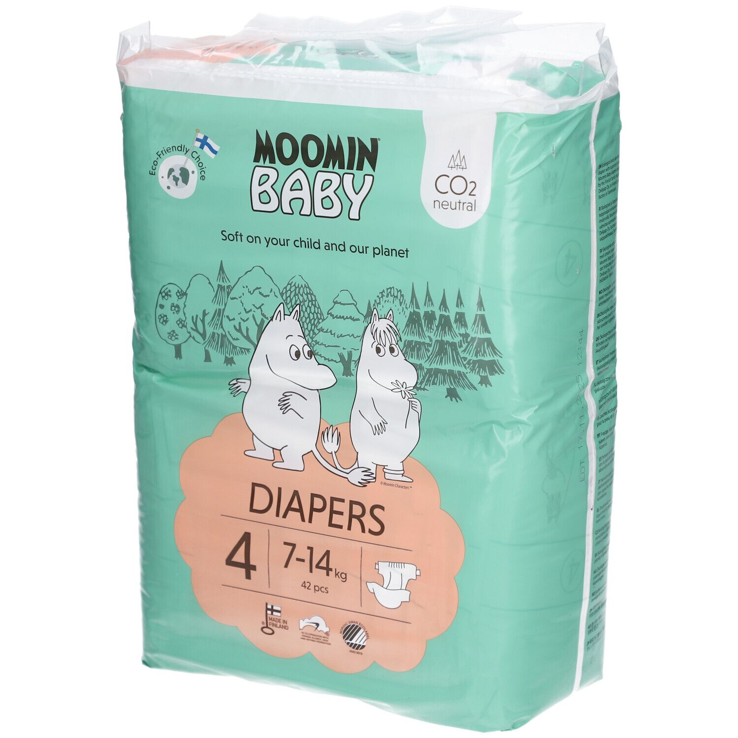 Verpackung Moomin Baby Windeln, Größe 4 (7-14 kg). Grün-weiß, mit Mumin-Figuren und Produktinformationen.