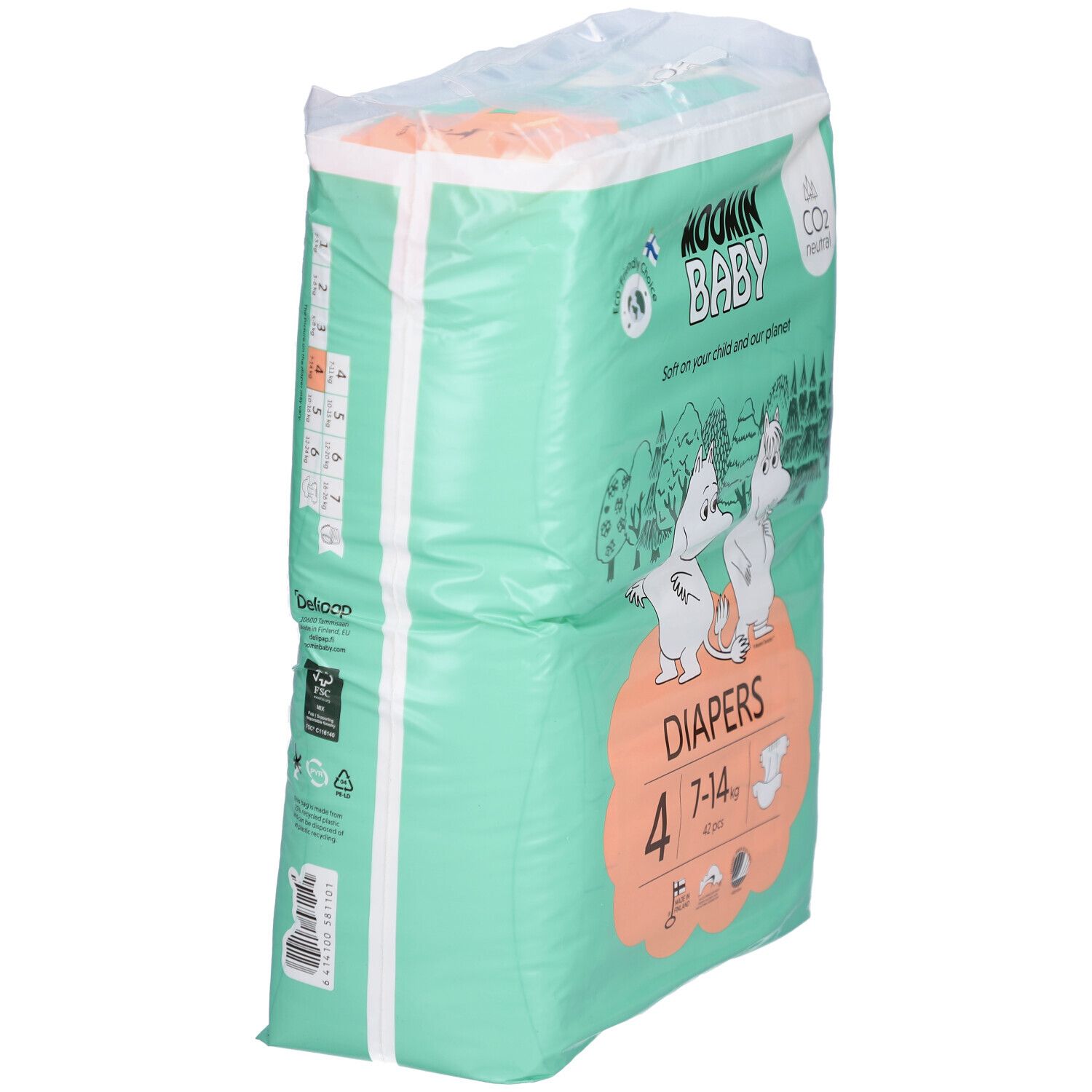 Seitenansicht der Moomin Baby Windelverpackung, Größe 4 (7-14 kg). Grün, mit Mumin-Figuren und Produktinformationen.