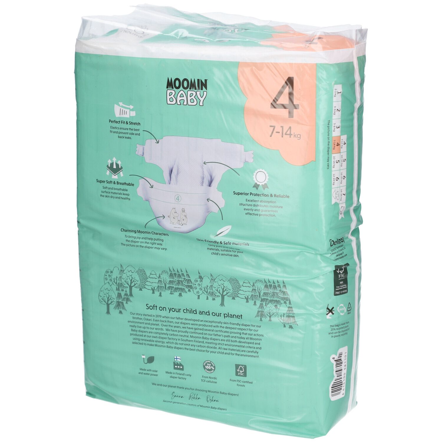 Rückseite der Moomin Baby Windelverpackung, Größe 4 (7-14 kg). Grün, mit Produktmerkmalen und Illustrationen.