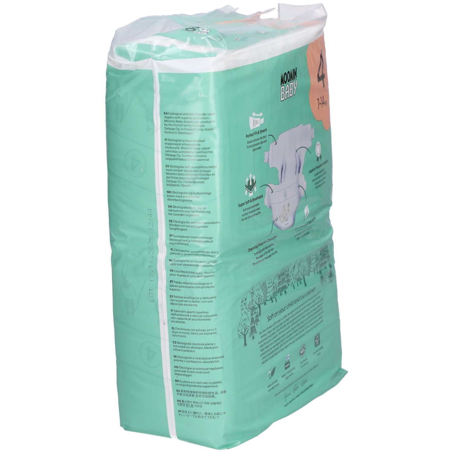 Seitenansicht der Moomin Baby Windelverpackung, Größe 4 (7-14 kg). Grün, mit Produktinformationen und Illustrationen.