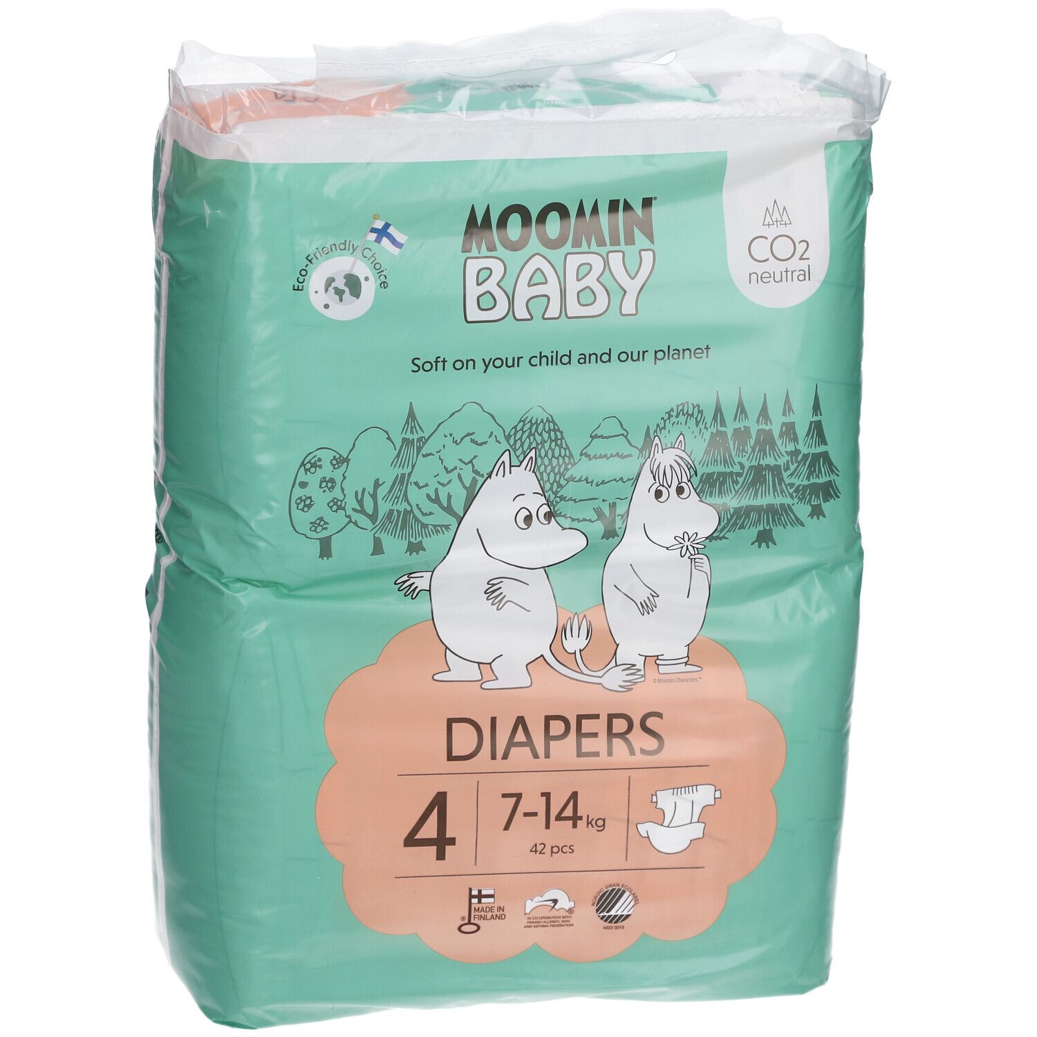 Moomin Baby Windelverpackung, Größe 4 (7-14 kg). Grün-weiß, mit Mumin-Figuren und Produktinformationen.