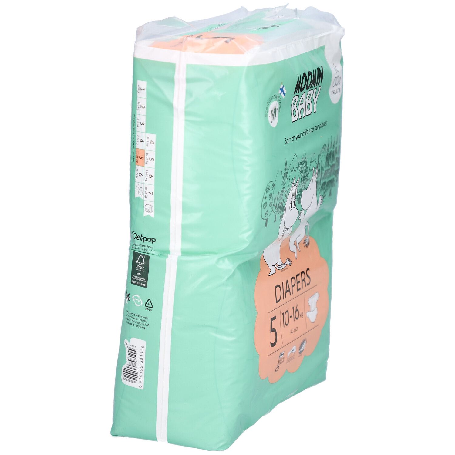 Windelpackung Moomin Baby, Größe 5 (10-16 kg). Grüne Verpackung, seitliche Ansicht. Mit Mumin-Illustrationen und Text.