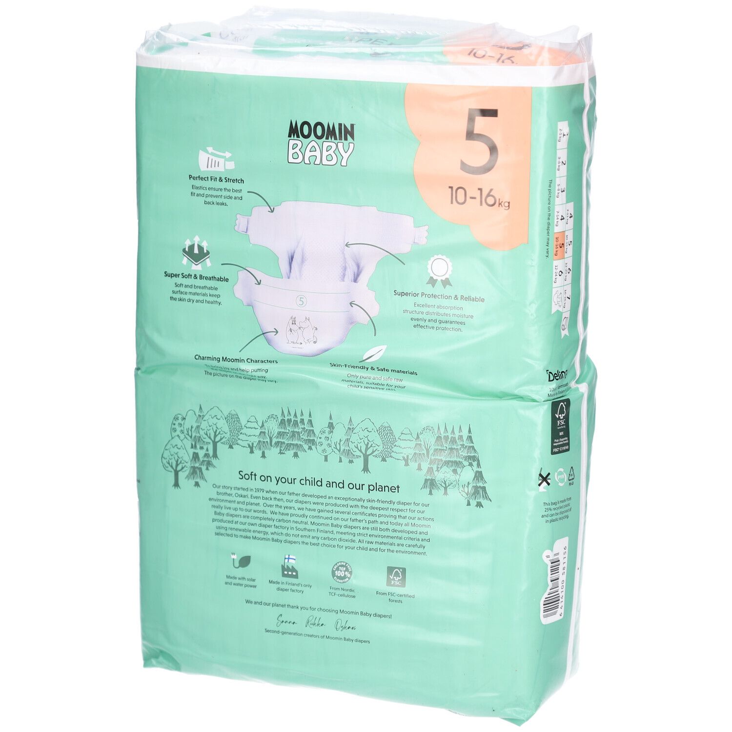 Windelpackung Moomin Baby, Größe 5 (10-16 kg). Rückseite mit Produktinformationen und Illustrationen. Grün.