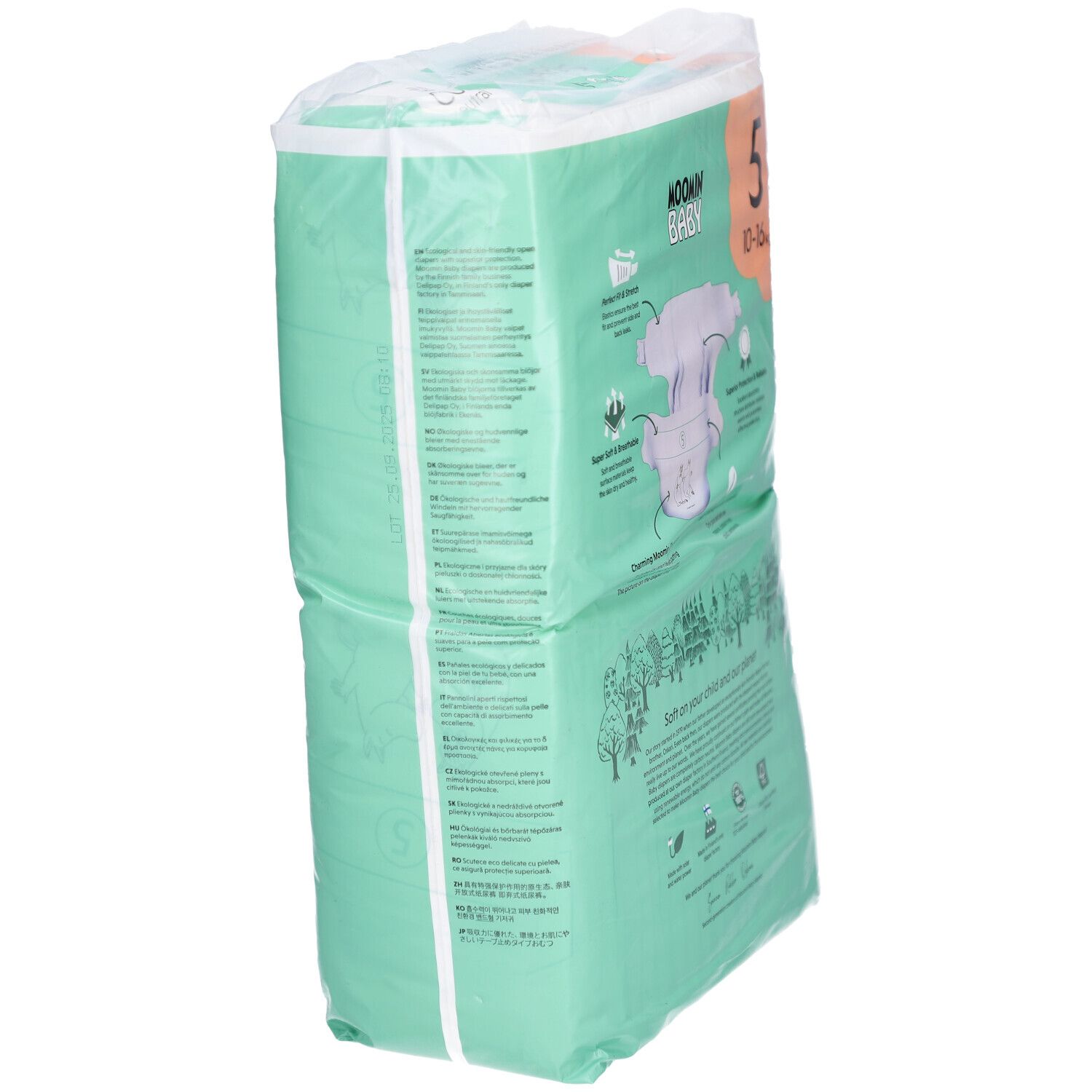 Windelpackung Moomin Baby, Größe 5 (10-16 kg). Seitliche Ansicht mit Produktinformationen. Grüne Verpackung.