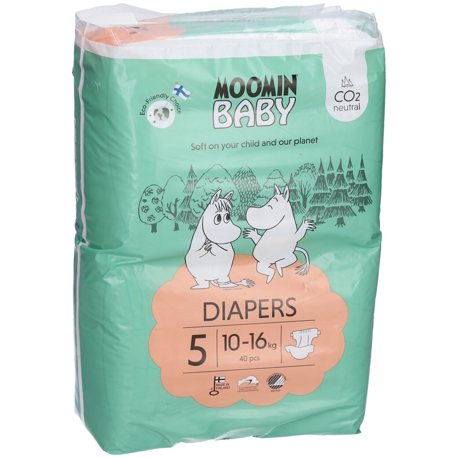 Verpackung Moomin Baby Windeln, Größe 5 (10-16 kg). Grün mit Mumin-Illustrationen. Enthält 40 Stück. CO2-neutral.
