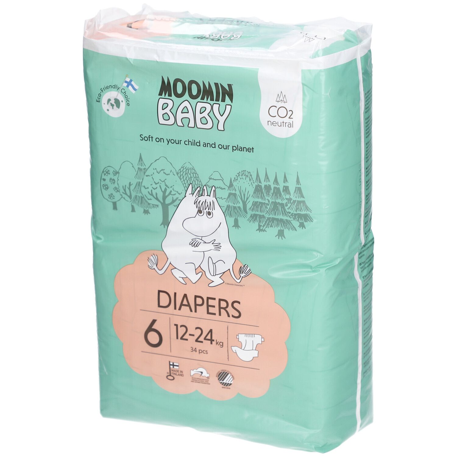 Verpackung Moomin Baby Windeln, Größe 6, 12-24 kg. Grün-weiß, mit Mumin-Illustration. 34 Stück. CO2-neutral.