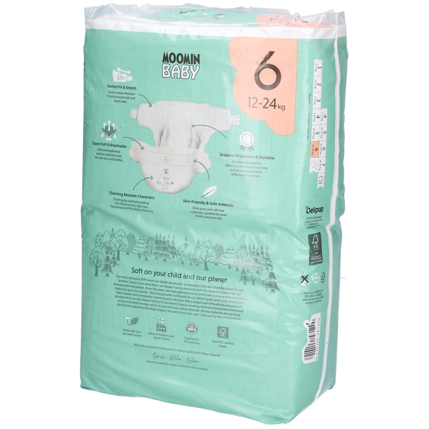Rückseite der Moomin Baby Windelverpackung, Größe 6, 12-24 kg. Grün, mit Produktinformationen und Illustrationen.