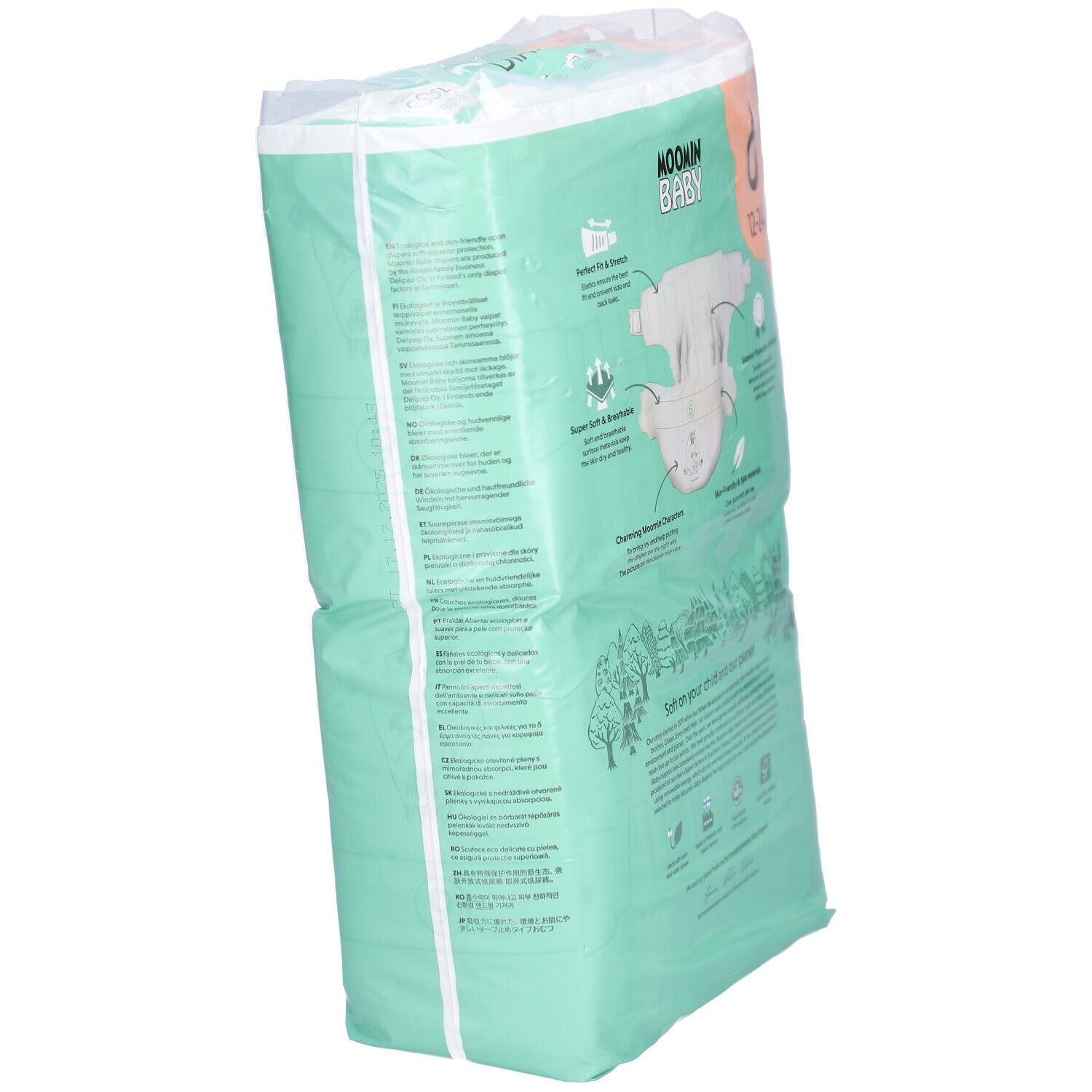 Seitenansicht der Moomin Baby Windelverpackung, Größe 6, 12-24 kg. Grün, mit Produktinformationen.