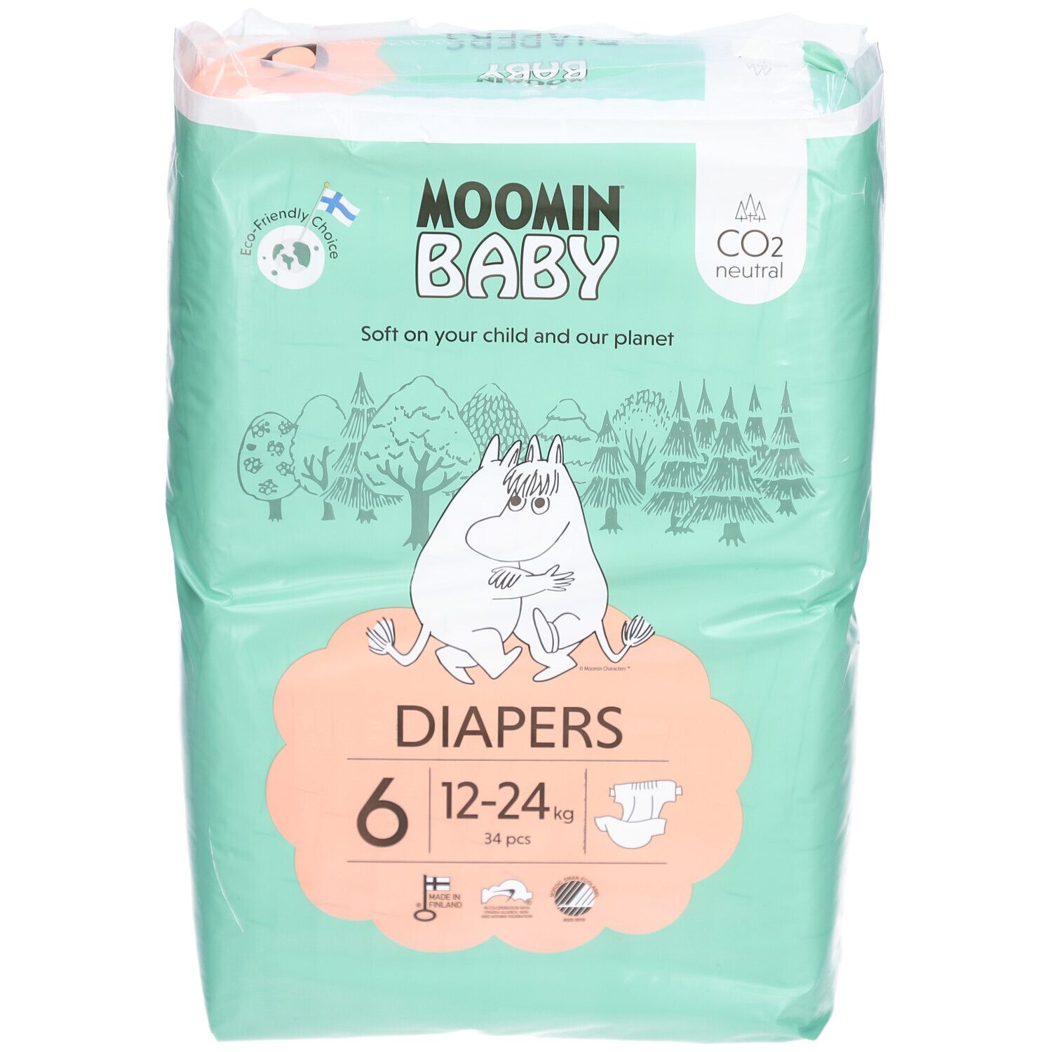 Verpackung Moomin Baby Windeln, Größe 6, 12-24 kg. Grün-weiß, mit Mumin-Illustration. 34 Stück. CO2-neutral.