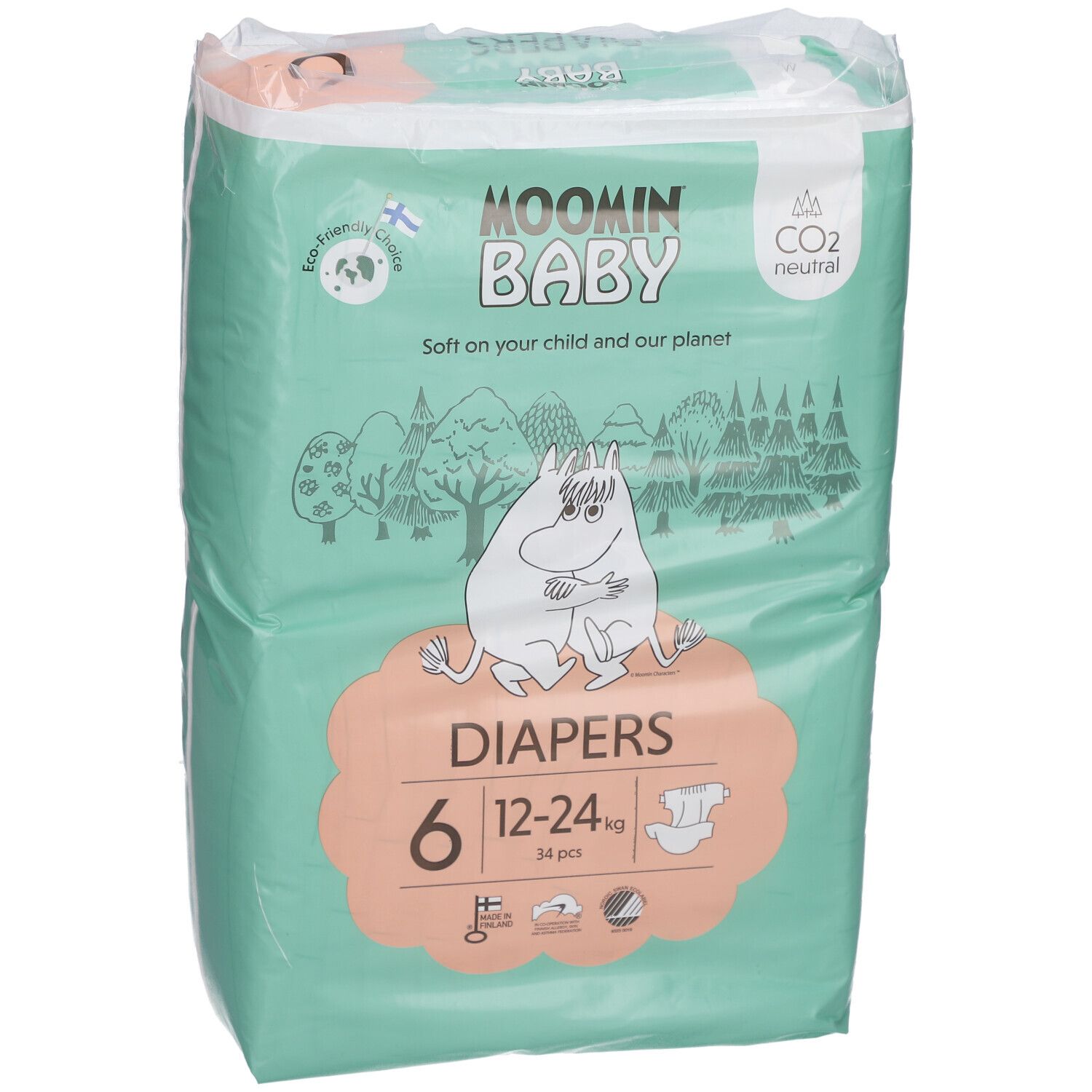 Verpackung Moomin Baby Windeln, Größe 6, 12-24 kg. Grün-weiß, mit Mumin-Illustration. 34 Stück.