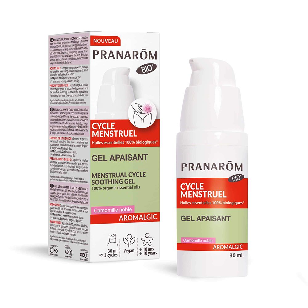 Pranarôm Aromalgic Gel. Weiße Flasche mit Pumpe und Karton. Aufschrift: Cycle Menstruel, Gel Apaisant, Bio.