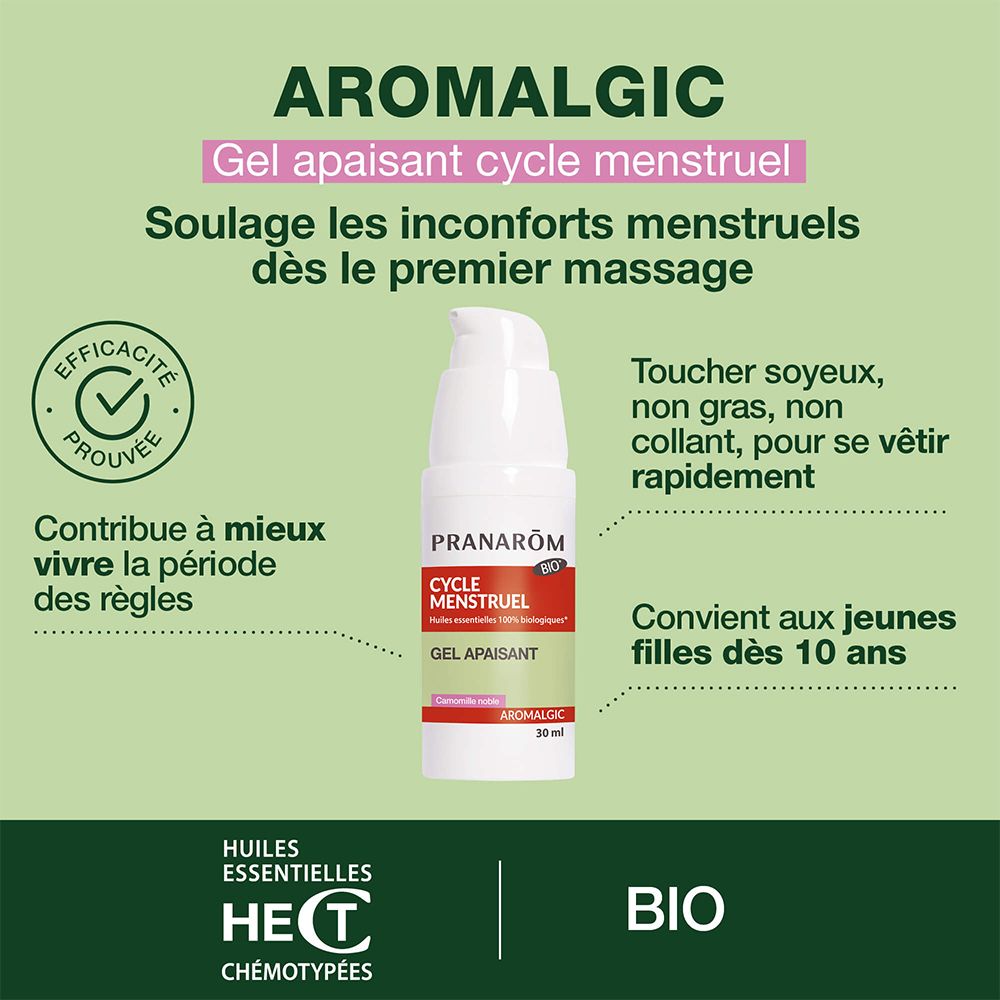 Pranarôm Aromalgic Gel. Weiße Flasche mit Pumpe. Aufschrift: Cycle Menstruel, Gel Apaisant. Bio-Zertifizierung.