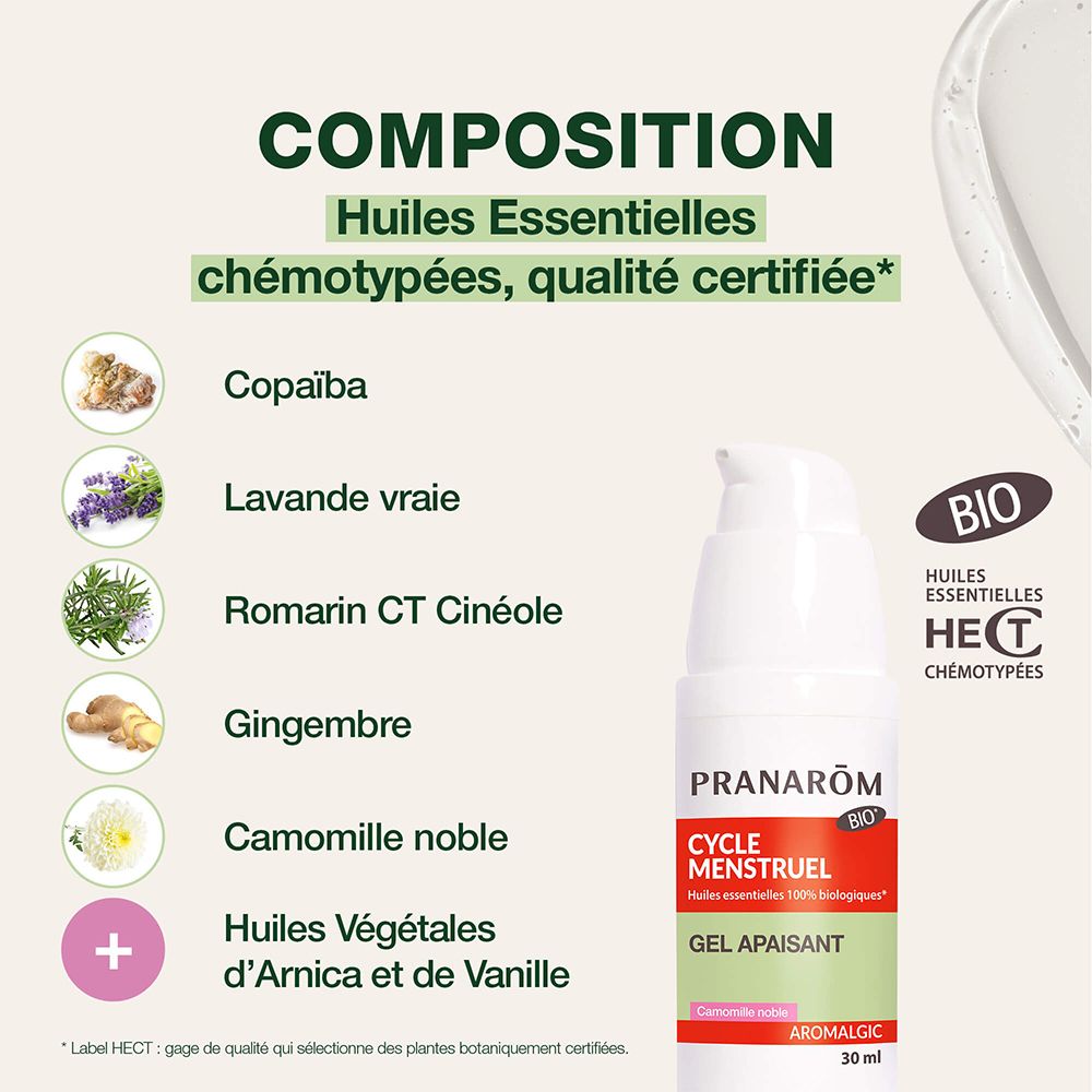 Pranarôm Aromalgic Gel. Weiße Flasche mit Pumpe. Inhaltsstoffe: Copaiba, Lavendel, Rosmarin, Ingwer, Kamille.