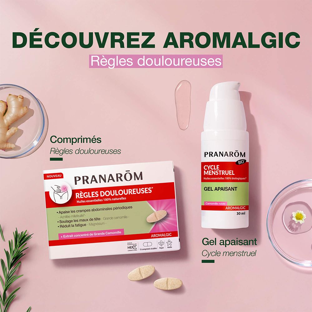 Pranarôm Aromalgic. Produktabbildung mit Tabletten und Gel. Aufschrift: Règles douloureuses (Regelschmerzen).