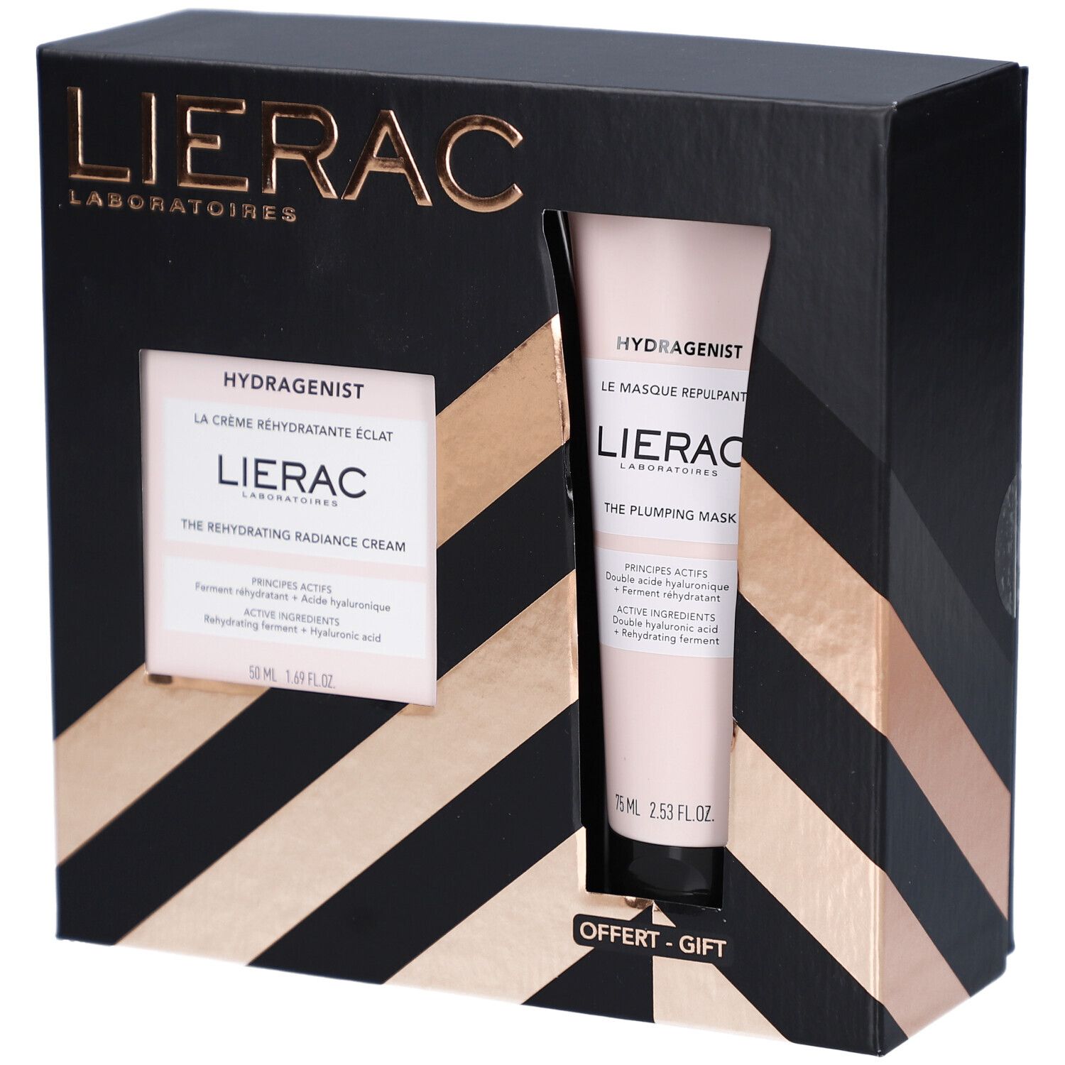 Geschenkset mit zwei Kosmetikprodukten. Schwarze Schachtel mit Fenster. Enthält Creme und Maske. Goldfarbene Akzente.