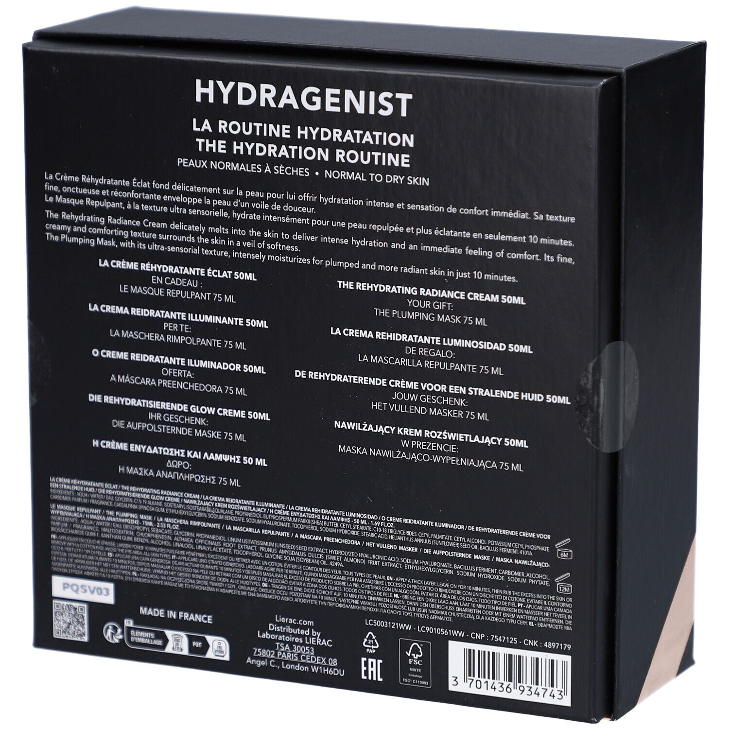 Rückseite einer schwarzen Geschenkbox. Text in mehreren Sprachen. Enthält Informationen zu den Produkten.