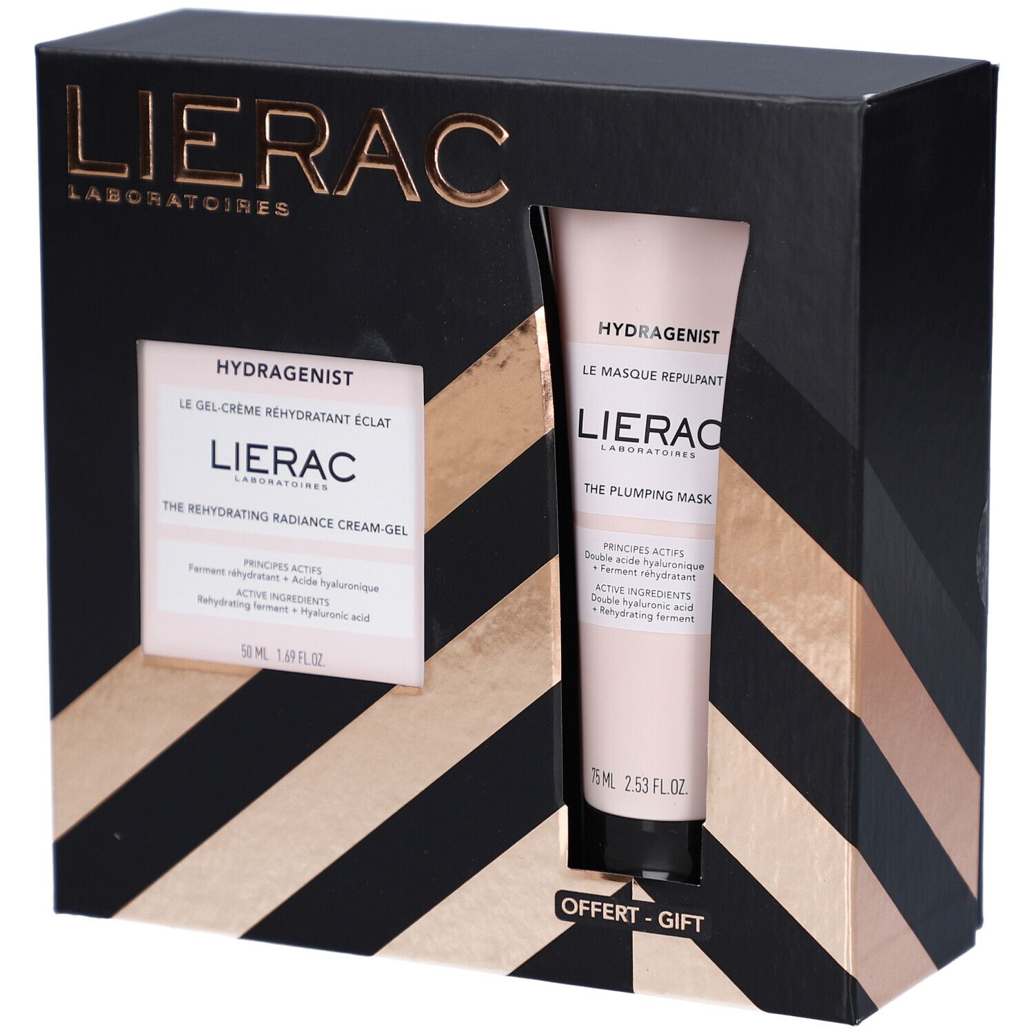 Schwarze Geschenkbox mit Lierac-Logo. Enthält Gelcreme und Maske. Text: Hydragenist, The Rehydrating Radiance Cream-Gel.