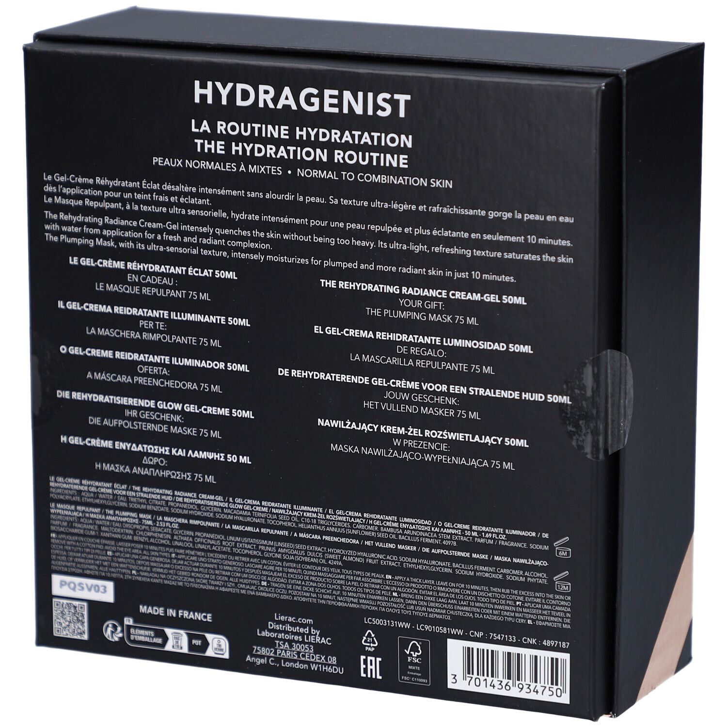 Rückseite der Geschenkbox. Text: Hydragenist, The Hydration Routine. Produktbeschreibungen in mehreren Sprachen.
