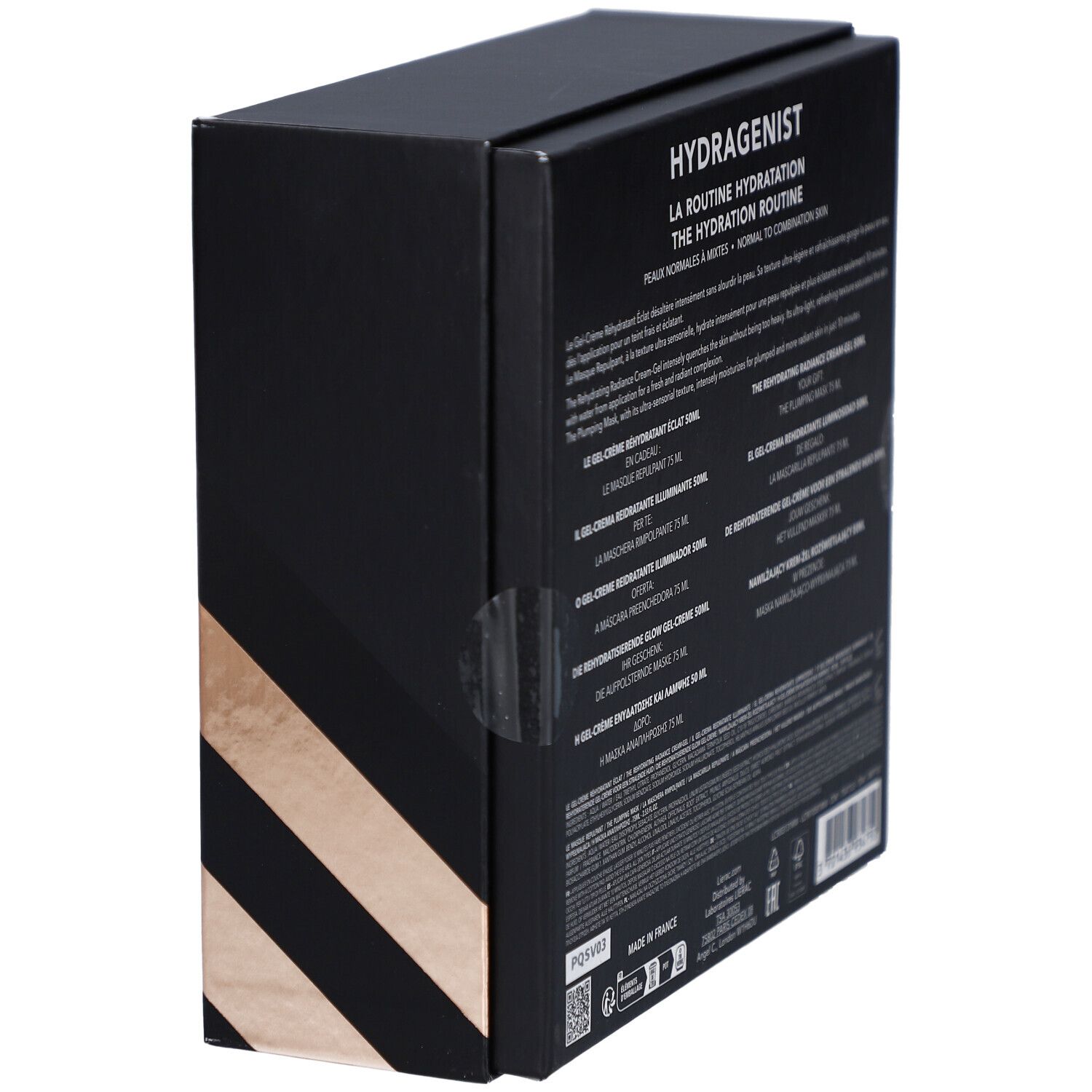 Schwarze Geschenkbox mit Lierac-Logo. Enthält Gelcreme und Maske. Goldene diagonale Streifen.