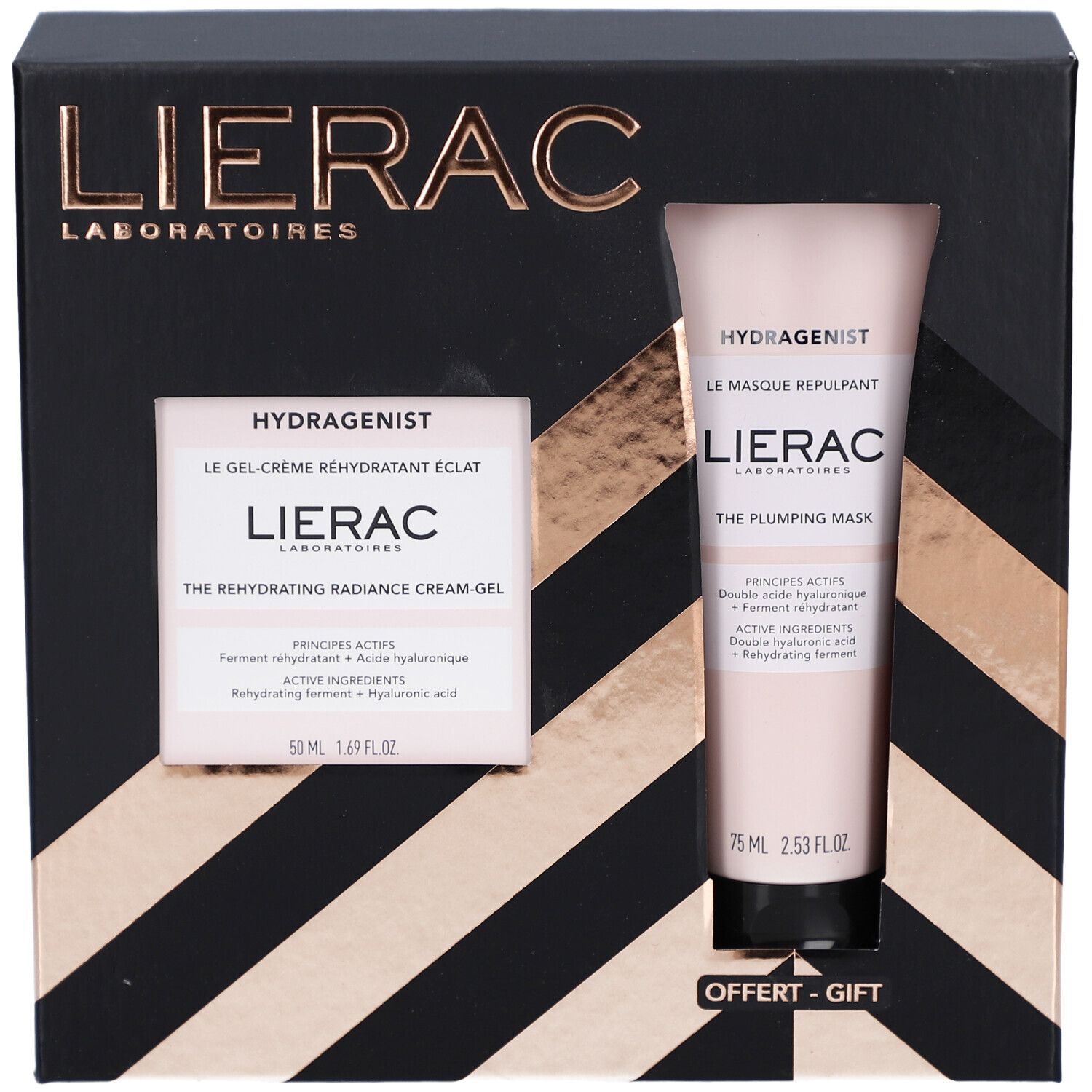 Schwarze Geschenkbox mit Lierac-Logo. Enthält Gelcreme und Maske. Text: Hydragenist, The Rehydrating Radiance Cream-Gel.