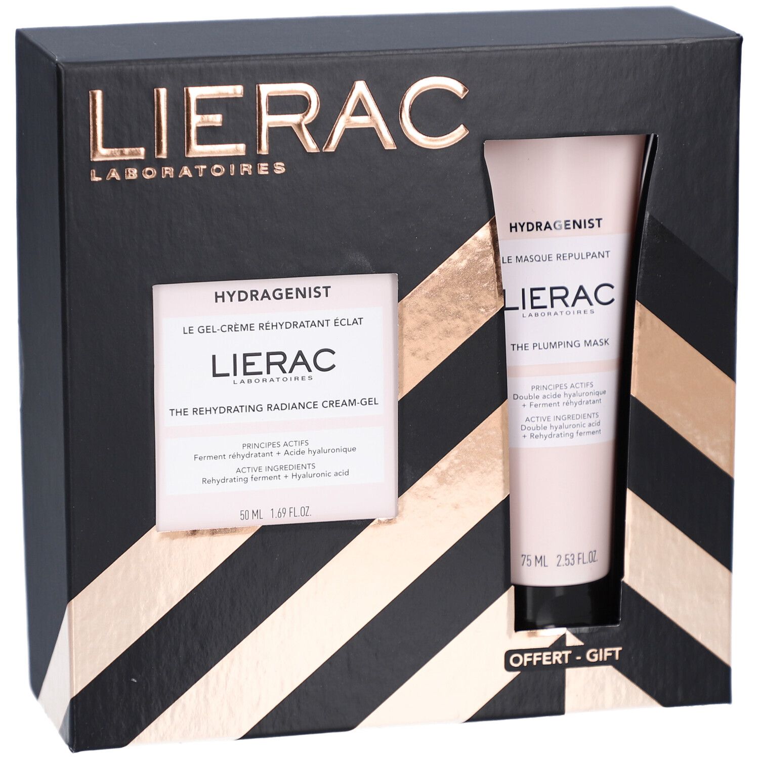 Schwarze Geschenkbox mit Lierac-Logo. Enthält Gelcreme und Maske. Text: Hydragenist, The Rehydrating Radiance Cream-Gel.