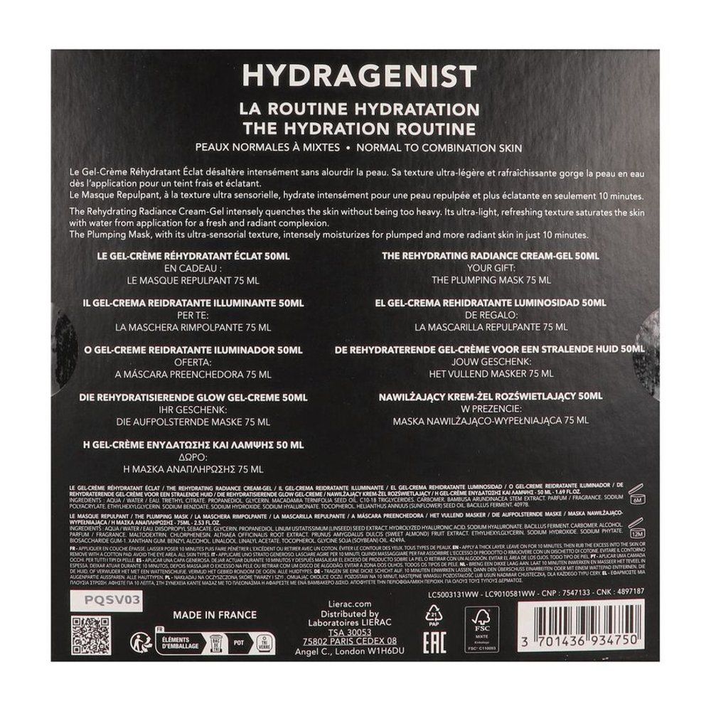 Dos du coffret. Texte: Hydragenist, The Hydration Routine. Descriptions produits multilingues.