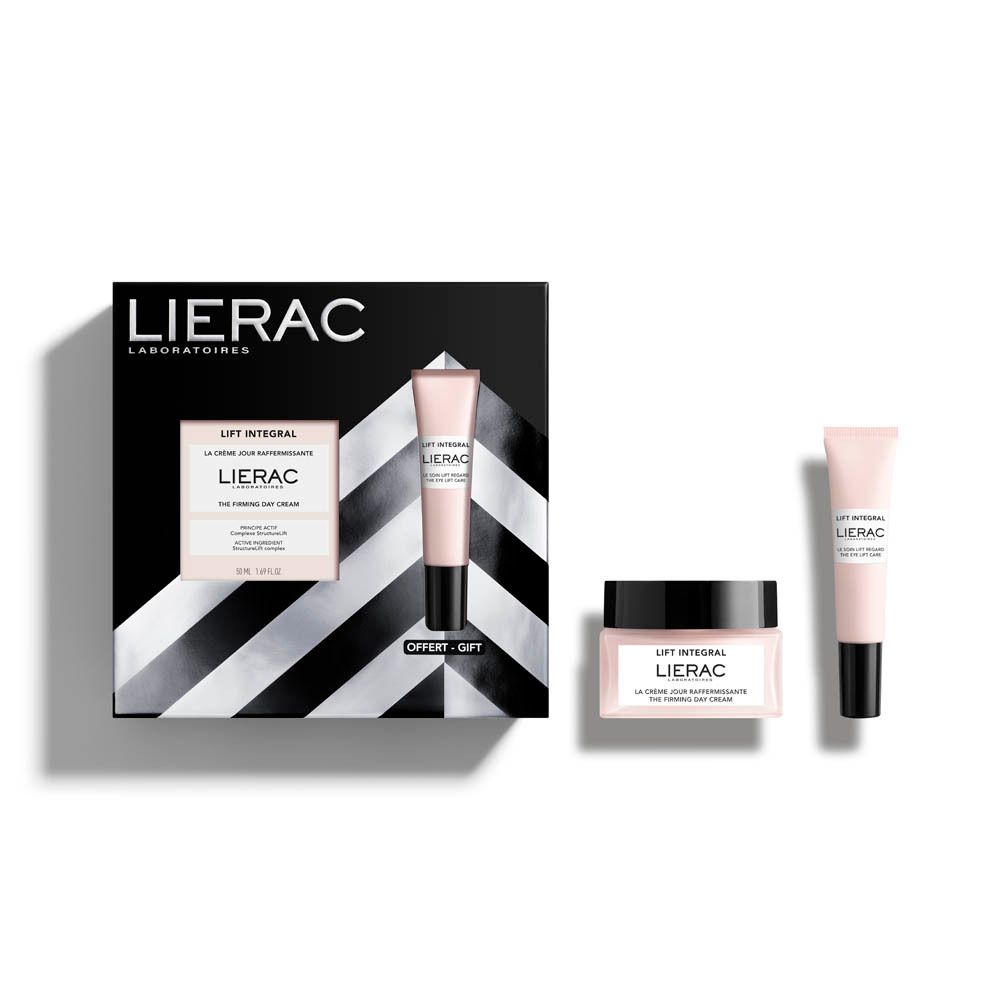 Coffret cadeau avec crème, soin des yeux et pot. Marque Lierac. Boîte noire à motif blanc.