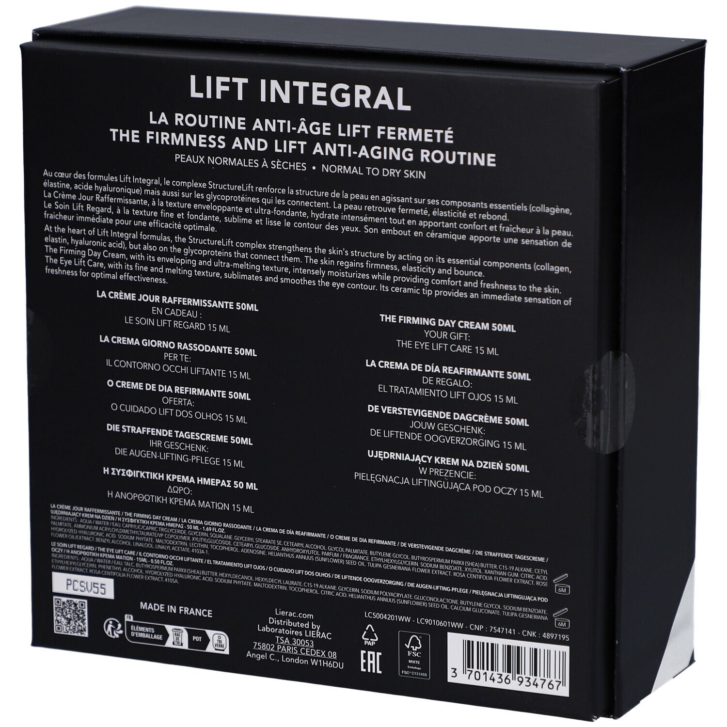 Rückseite der Geschenkbox. Text in mehreren Sprachen. Marke Lierac. Enthält Creme und Augenpflege.