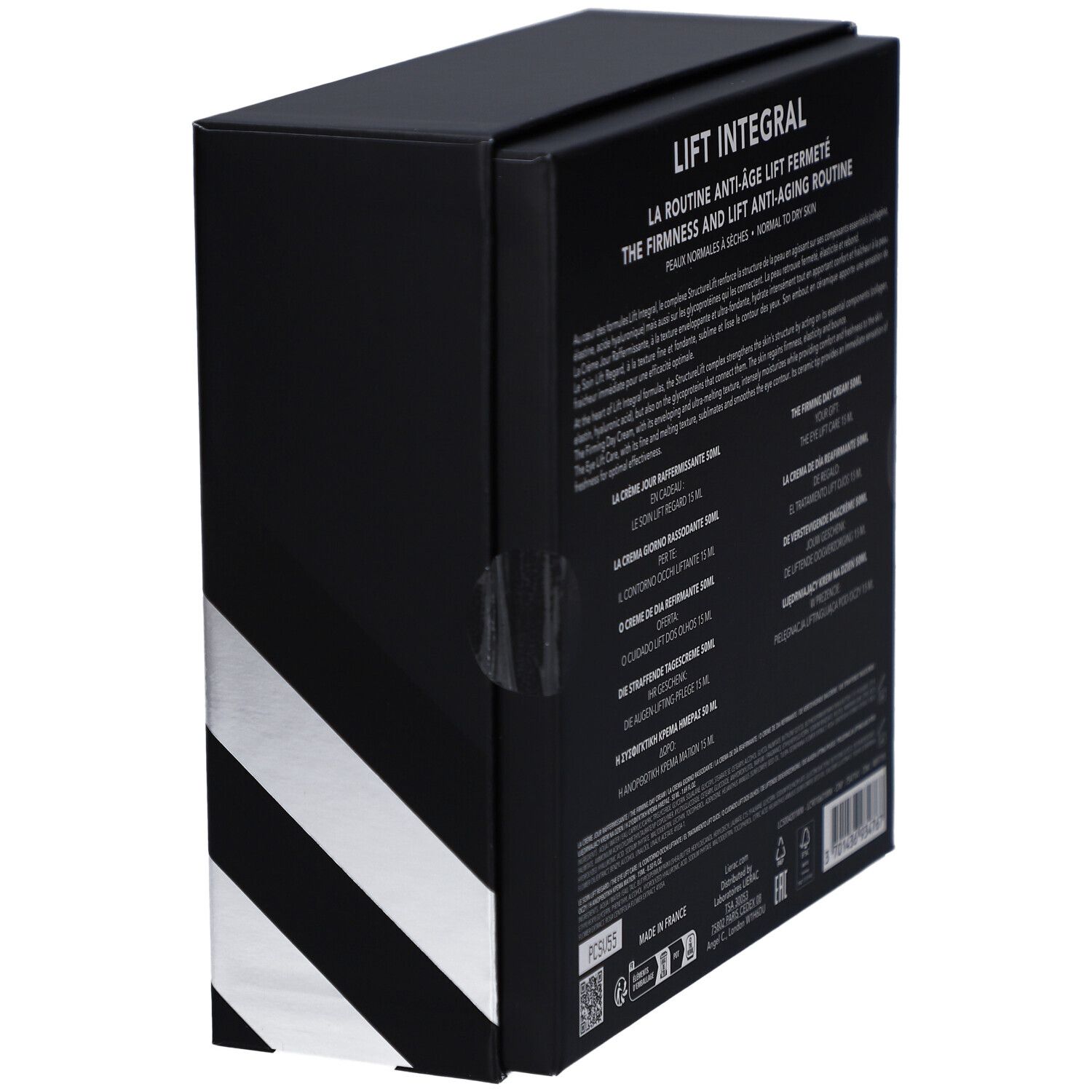 Schwarze Geschenkbox mit Text. Marke Lierac. Enthält Creme und Augenpflege. Rückansicht.