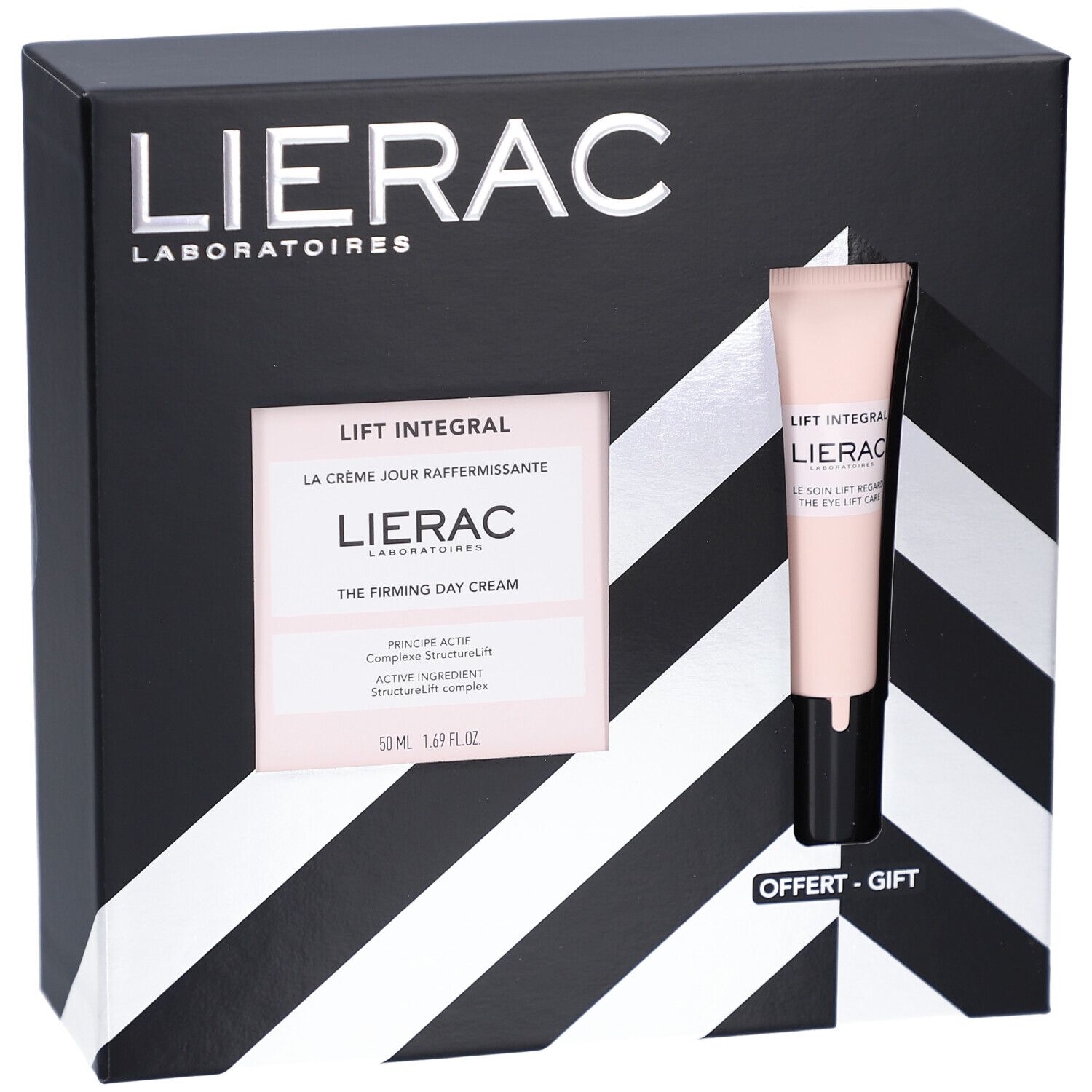 Geschenkset mit Creme und Augenpflege. Schwarze Schachtel mit weißem Zickzackmuster. Marke Lierac.