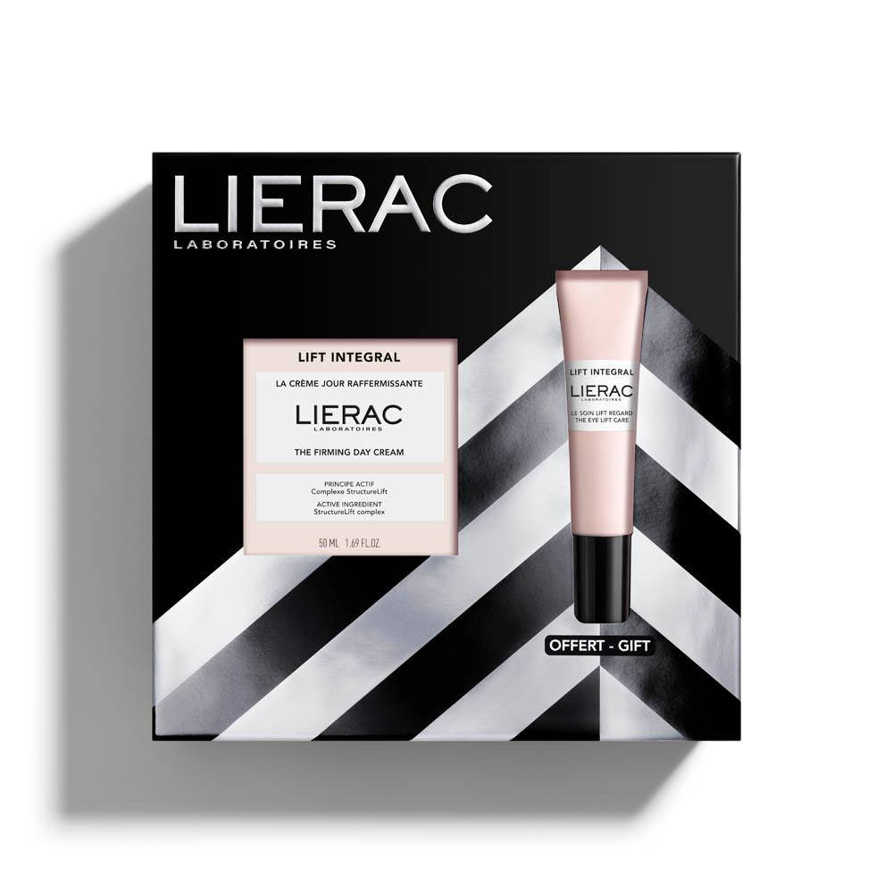 Coffret cadeau avec crème et soin des yeux. Marque Lierac. Boîte noire à motif blanc.