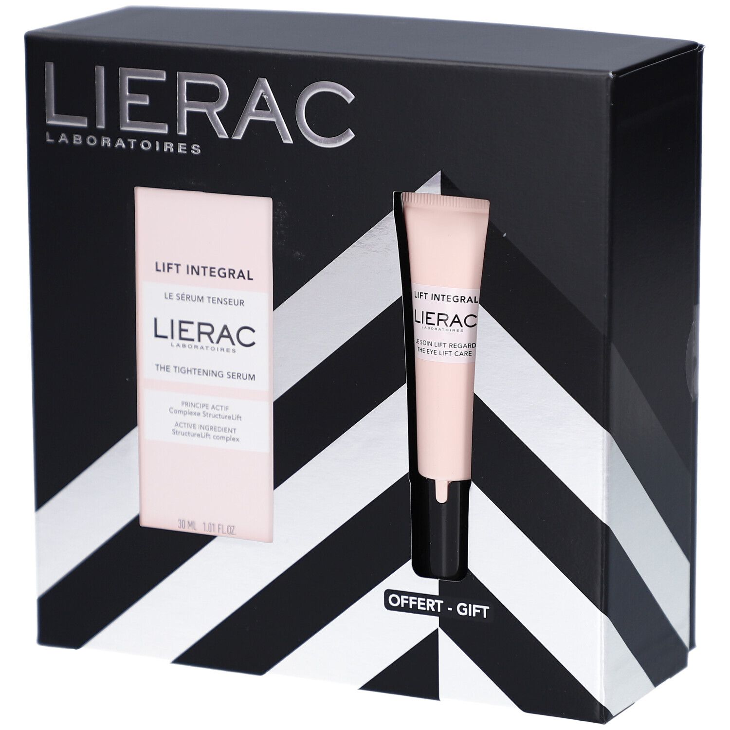 Geschenkbox mit zwei Produkten. Enthält Serum und Augenpflege. Marke: Lierac. Schwarze Verpackung mit silbernen Akzenten.