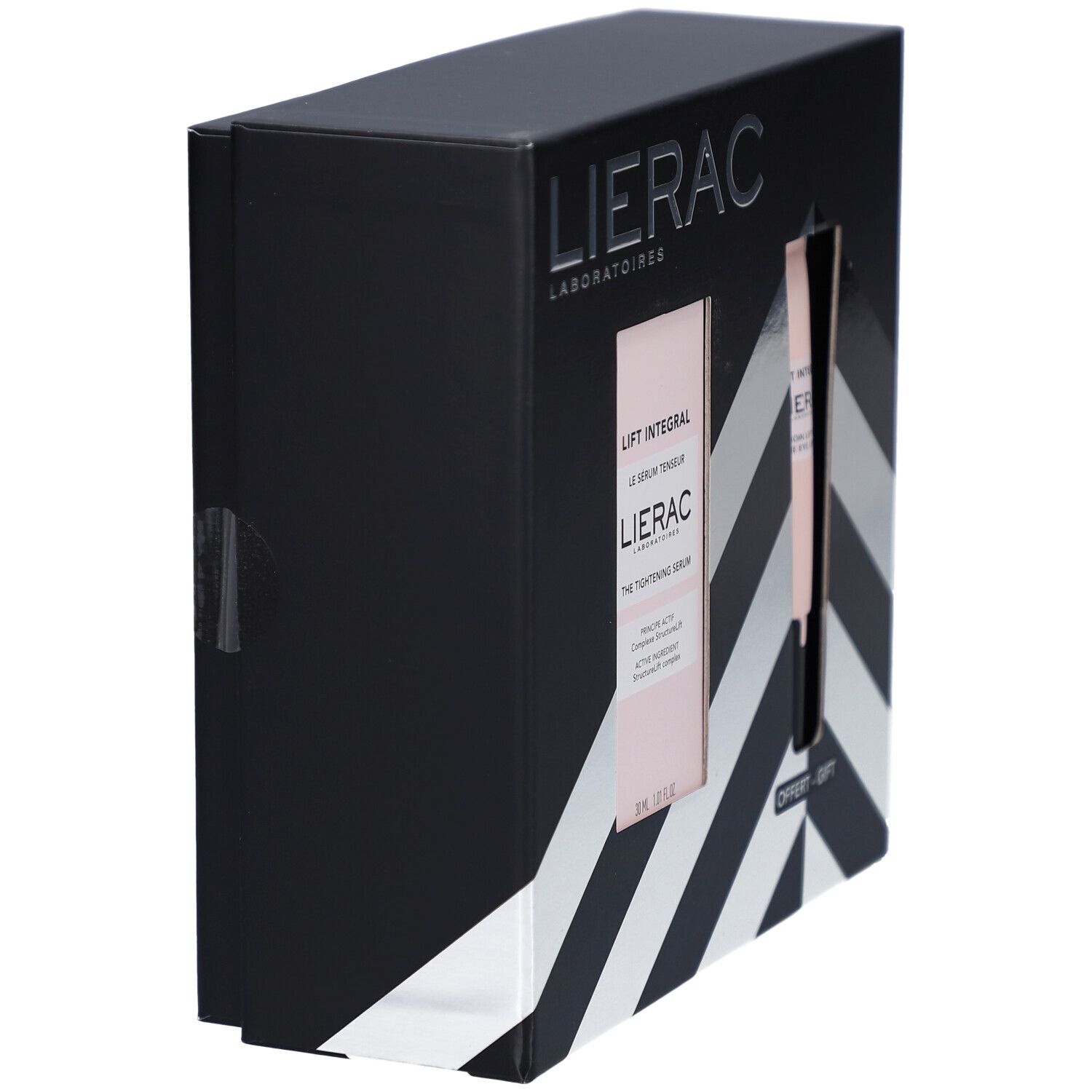 Schwarze Geschenkbox mit silbernen Streifen. Enthält Produkte. Marke: Lierac. Seite der Verpackung mit Öffnung.