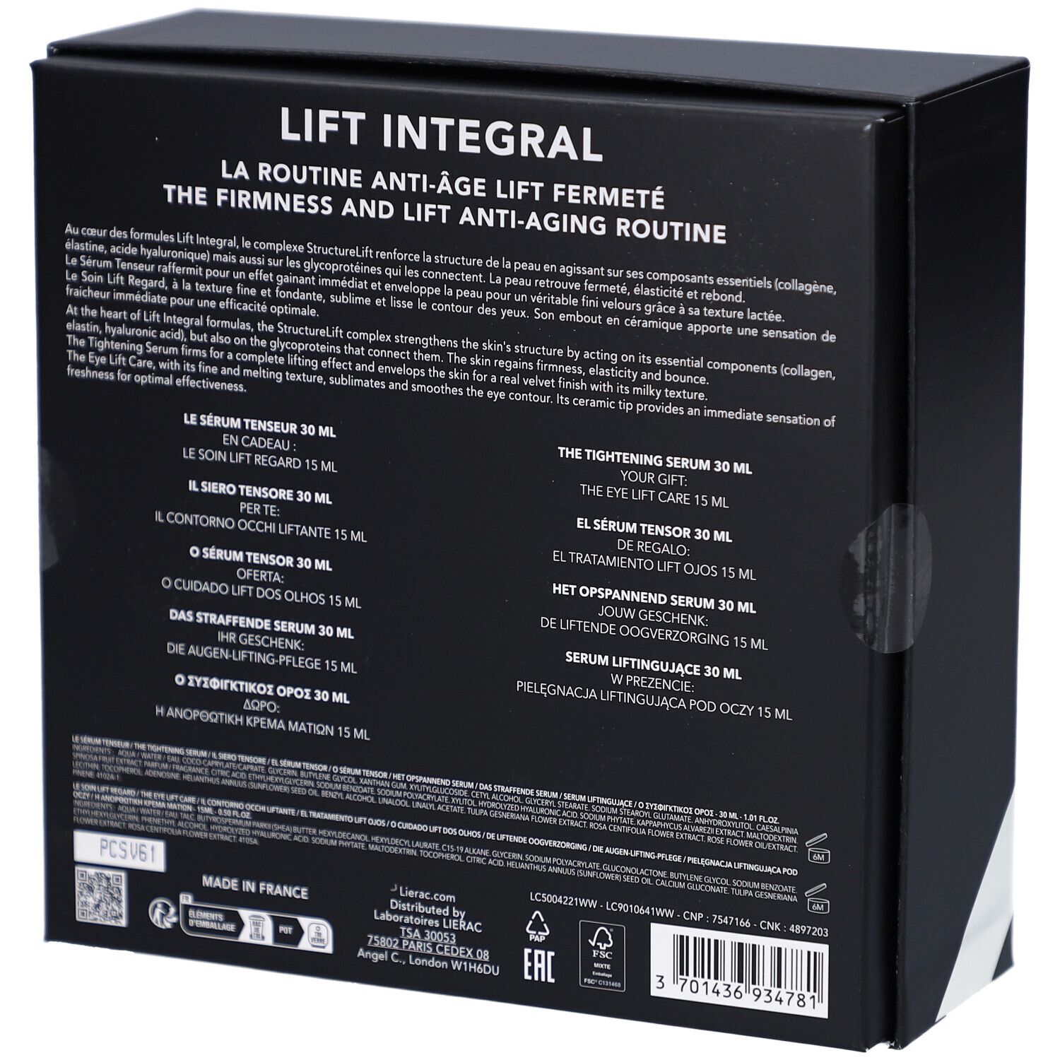 Rückseite der Geschenkbox. Text in mehreren Sprachen. Marke: Lierac. Enthält Informationen zum Produkt.