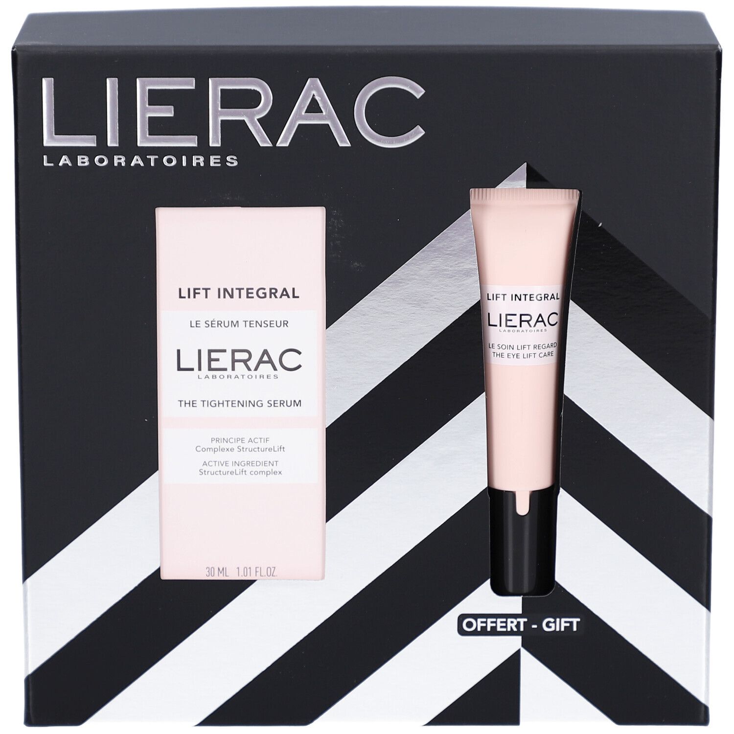 Geschenkbox mit Serum und Augenpflege. Marke: Lierac. Schwarze Verpackung mit silbernen Akzenten. « OFFERT - GIFT ».
