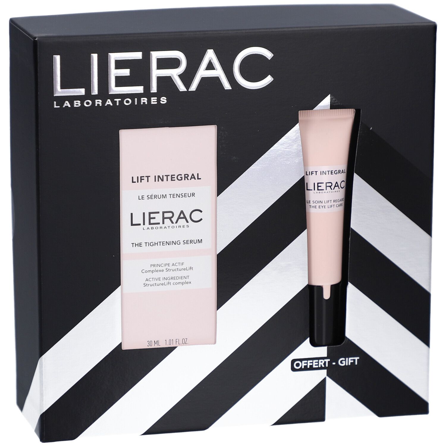 Geschenkbox mit Serum und Augenpflege. Marke: Lierac. Schwarze Verpackung mit silbernen Akzenten. « OFFERT - GIFT ».