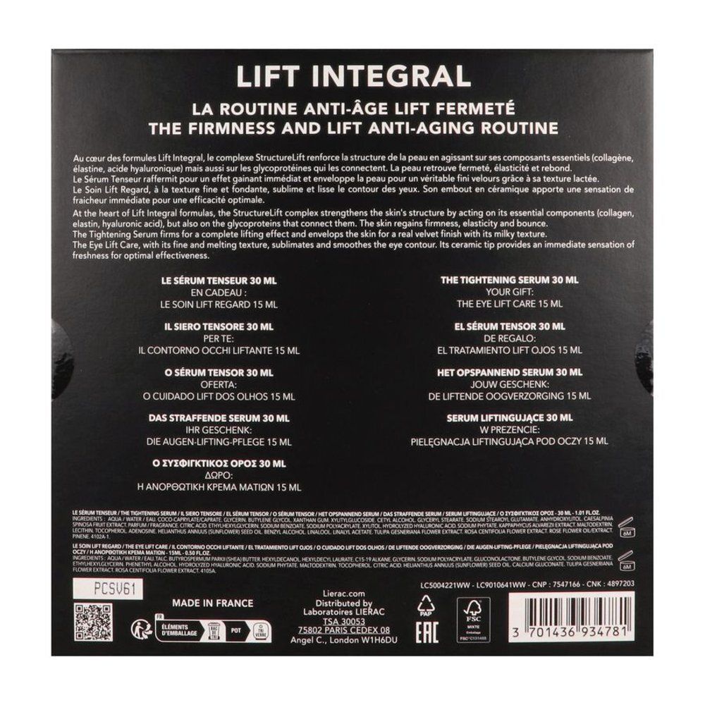 Dos du coffret cadeau. Texte multilingue. Marque Lierac. Contient des informations sur le produit.