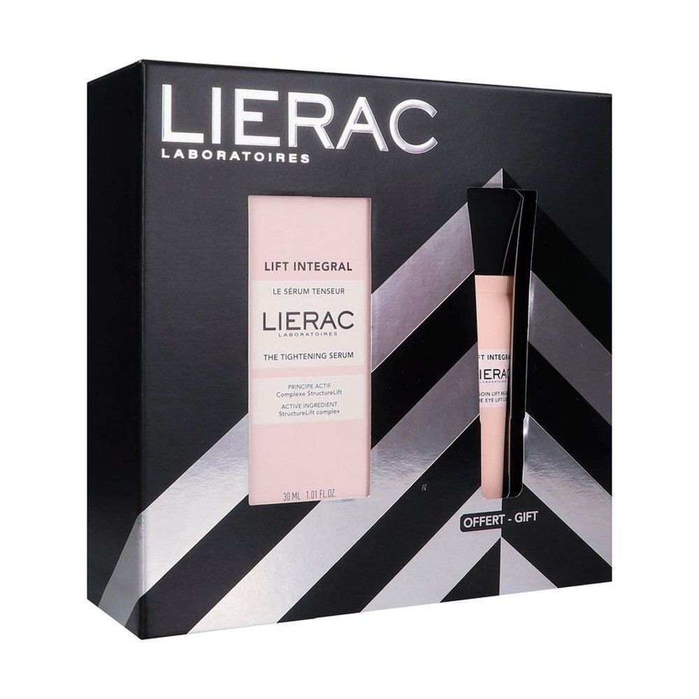 Coffret cadeau avec sérum et soin des yeux. Marque Lierac. Emballage noir et argenté. Inscription « OFFERT - GIFT ».