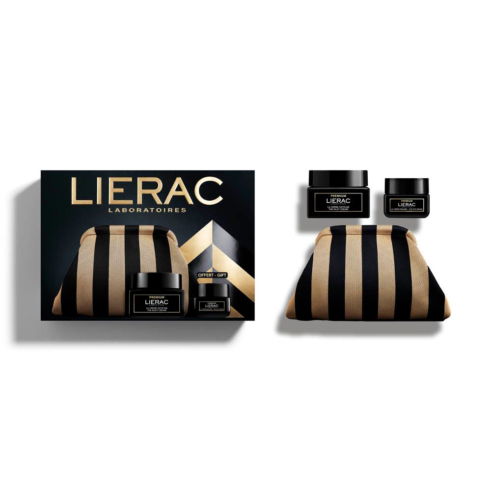Coffret cadeau Lierac. Contient une trousse, deux pots et une boîte. Inscription: PREMIUM. Offert-Gift.