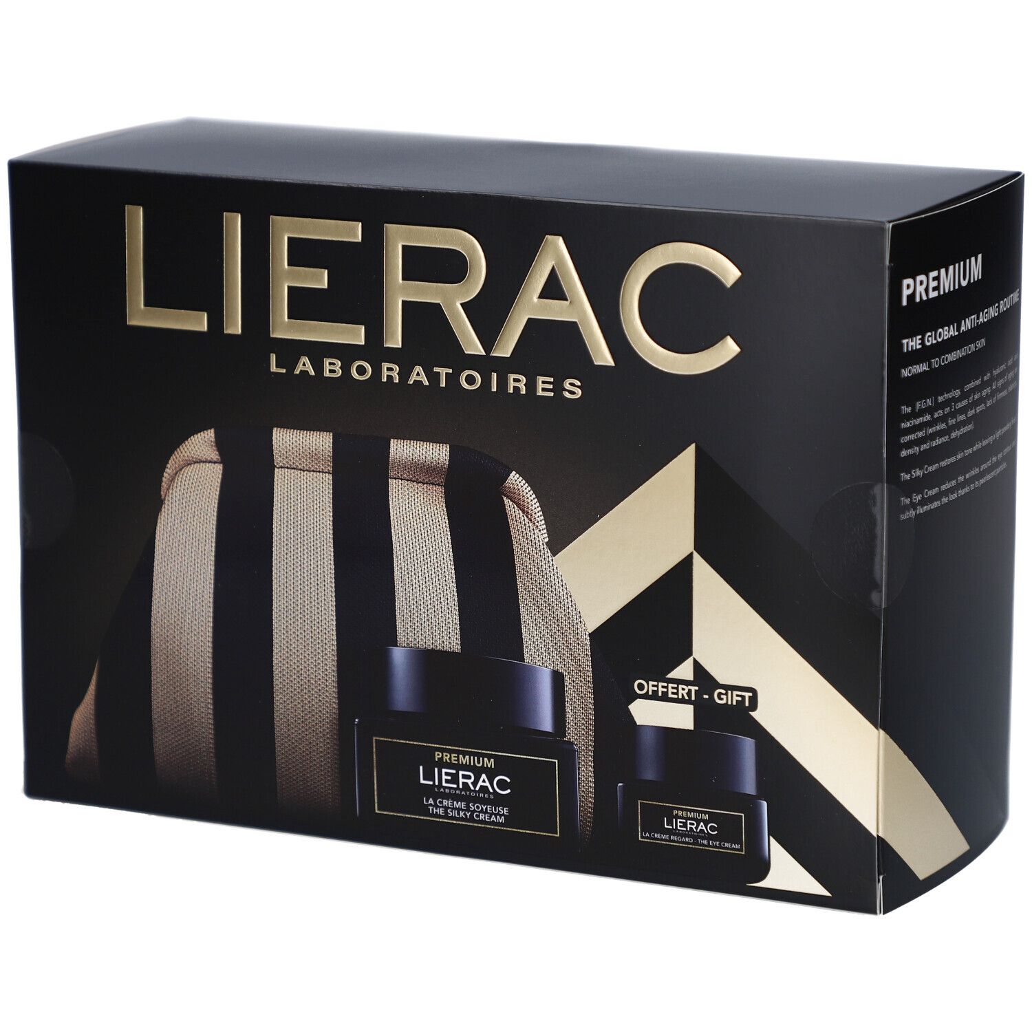 Schwarze Geschenkbox mit Lierac-Logo. Enthält eine Kosmetiktasche und zwei Tiegel. Aufschrift: PREMIUM, LA CREME SOYEUSE.