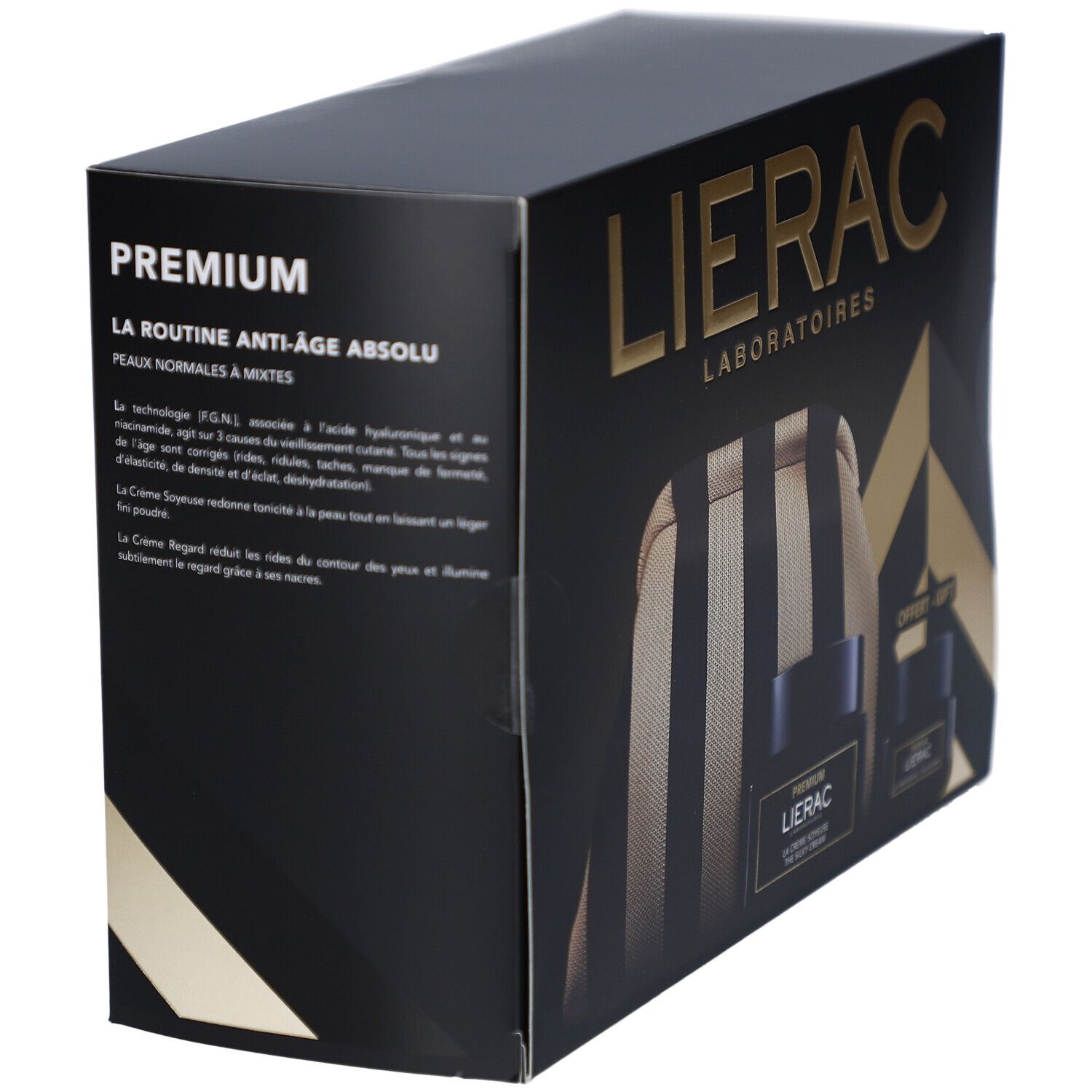 Schwarze Box mit Lierac-Logo. Text: PREMIUM, LA ROUTINE ANTI-AGE ABSOLU. Enthält eine Kosmetiktasche und zwei Tiegel.