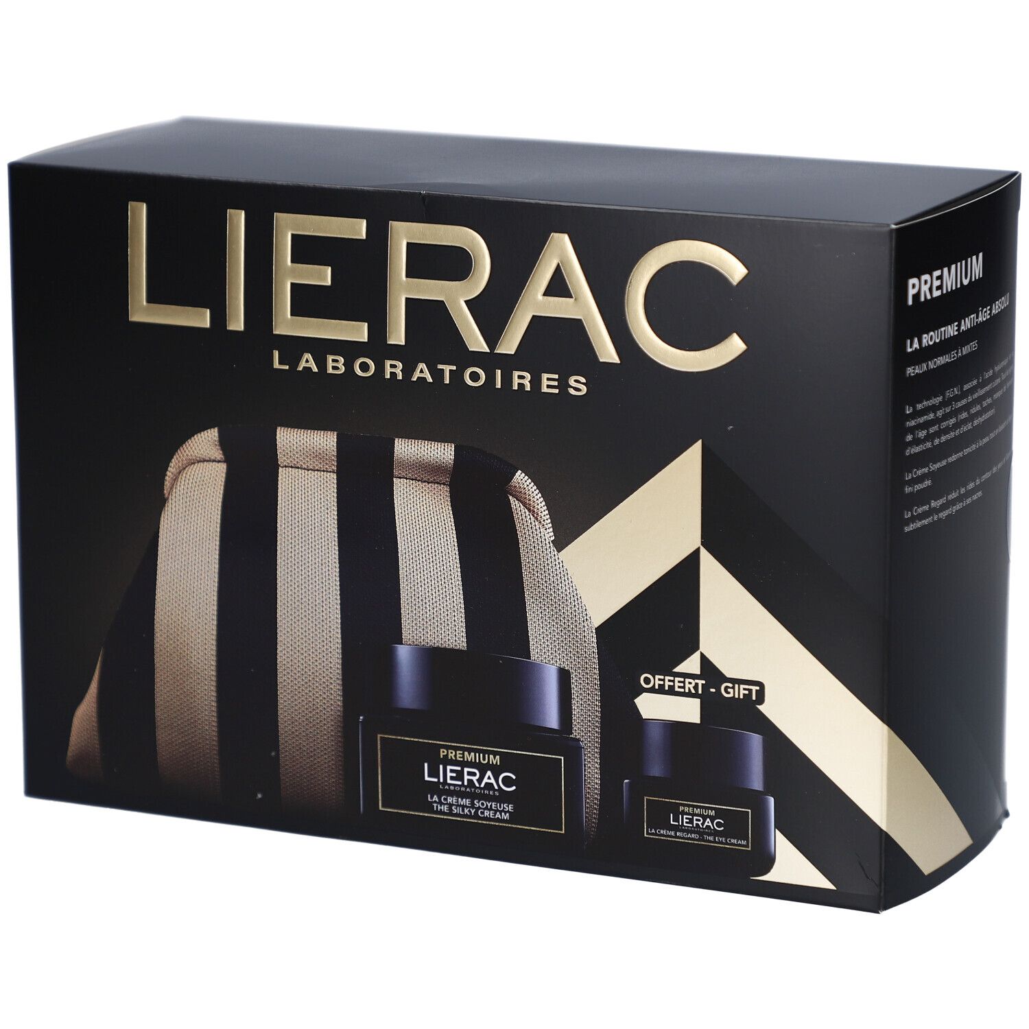 Schwarze Geschenkbox mit Lierac-Logo. Enthält eine Kosmetiktasche und zwei Tiegel. Aufschrift: PREMIUM, LA CREME SOYEUSE.