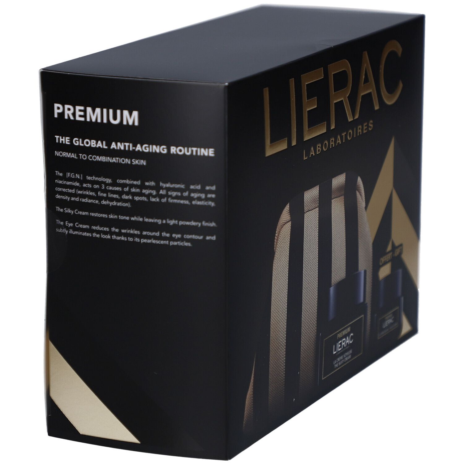 Schwarze Box mit Lierac-Logo. Text: PREMIUM, THE GLOBAL ANTI-AGING ROUTINE. Enthält eine Kosmetiktasche und zwei Tiegel.