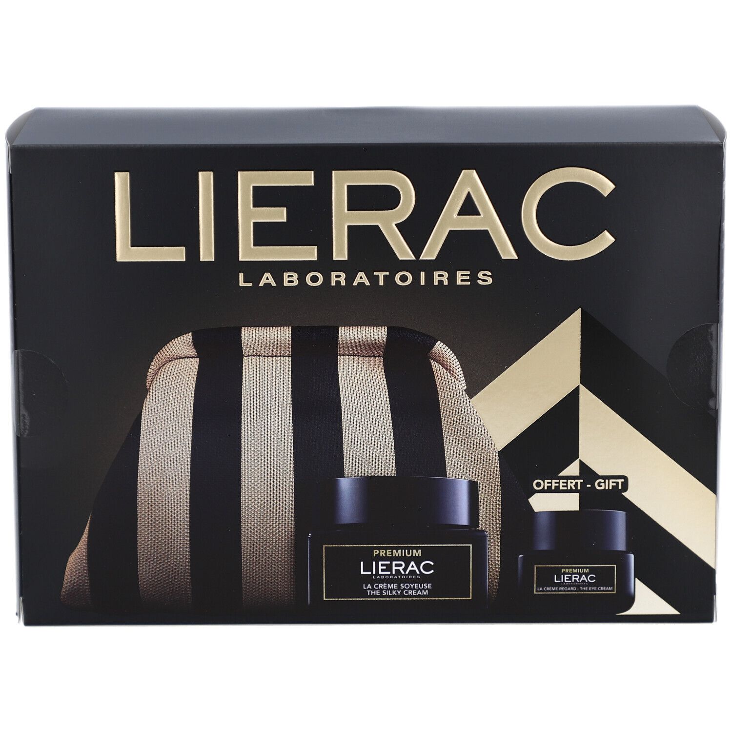 Schwarze Geschenkbox mit Lierac-Logo. Enthält eine Kosmetiktasche und zwei Tiegel. Aufschrift: PREMIUM, LA CREME SOYEUSE.