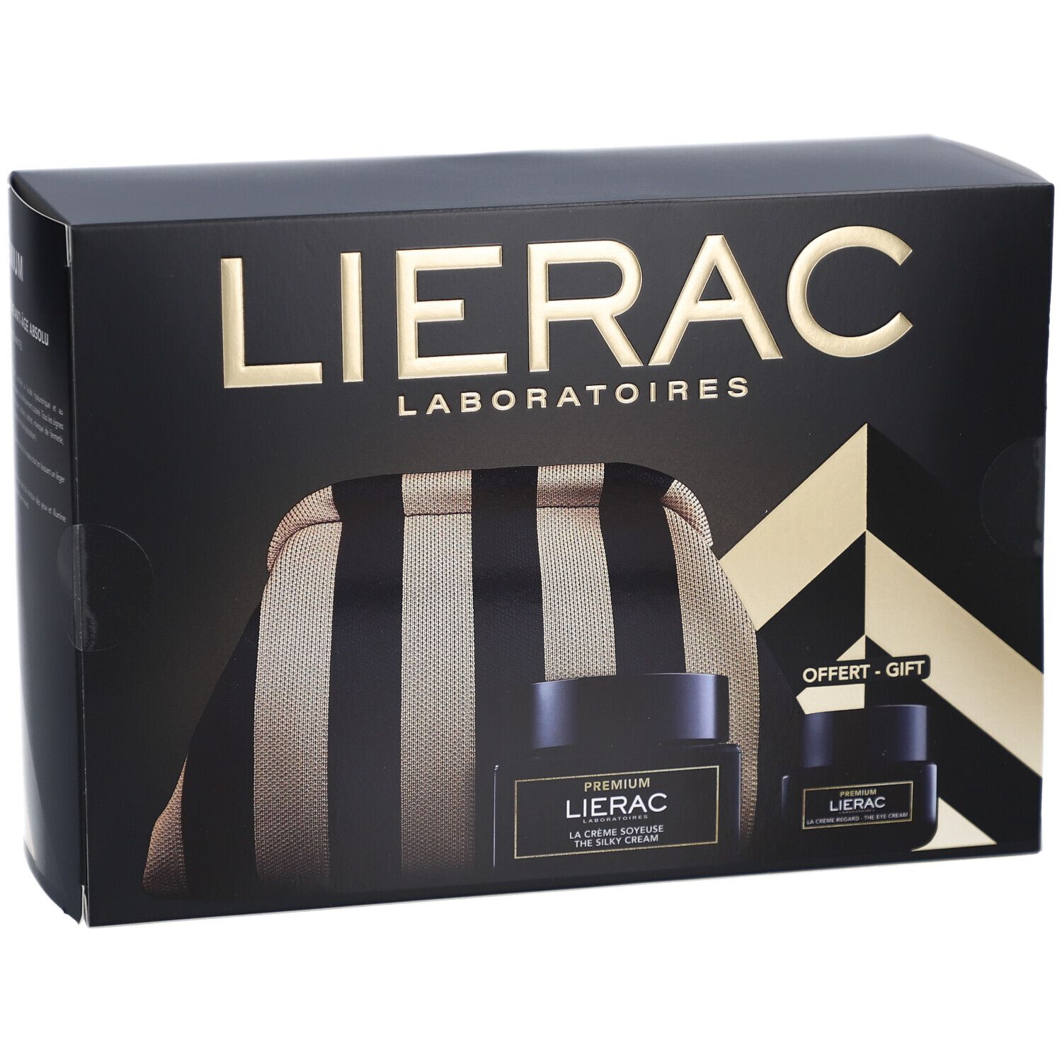 Schwarze Geschenkbox mit Lierac-Logo. Enthält eine Kosmetiktasche und zwei Tiegel. Aufschrift: PREMIUM, LA CREME SOYEUSE.