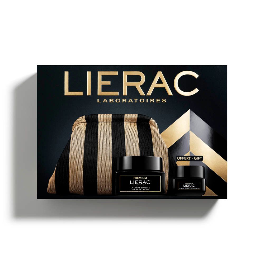Coffret cadeau Lierac. Contient une trousse, deux pots et une boîte. Inscription: PREMIUM. Offert-Gift.